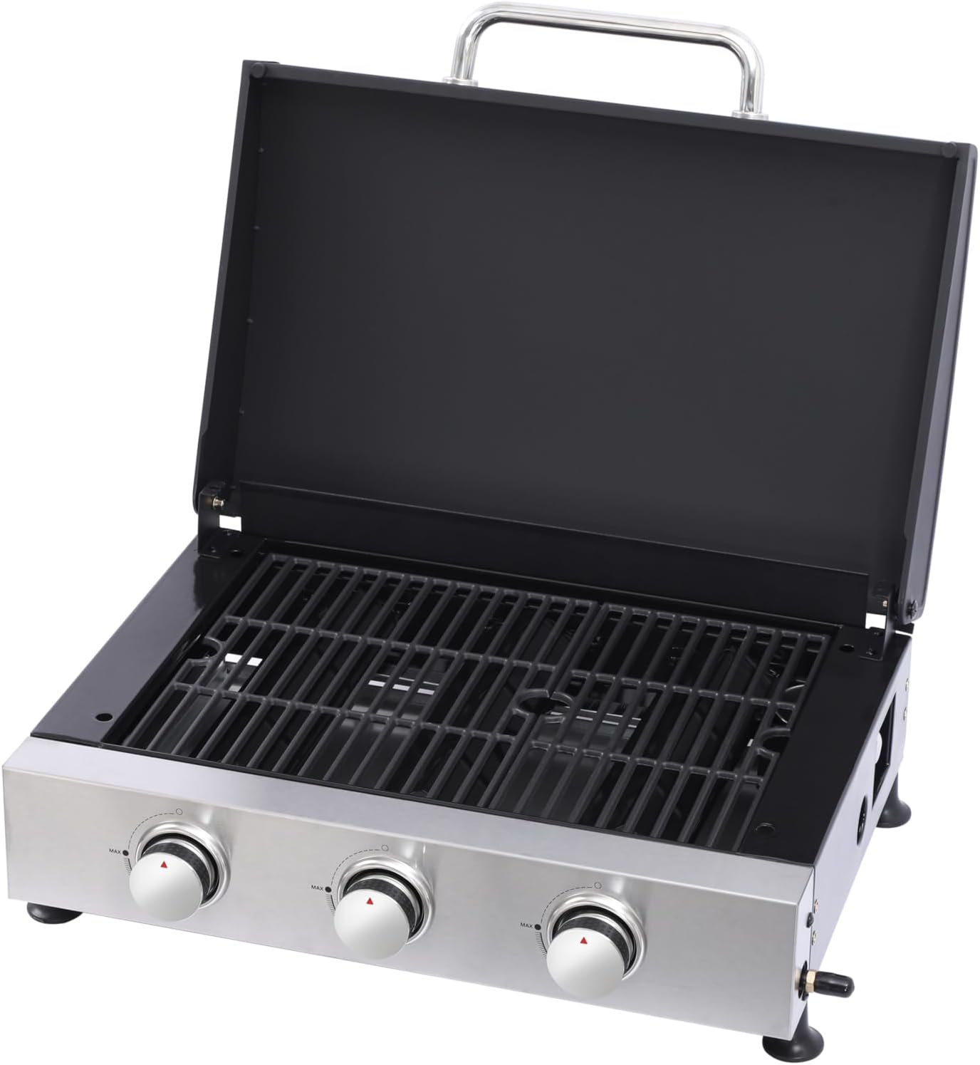 6-Burner Propane Gas Grill, Silver, Stainless Steel, 56.69x15.20x45.67 Inch, 65910 BTU, Side Burner, Enamel Firebox, Automatic Ignition (Black and Silver 3 BURNER GAS GRILL 26“x18.9