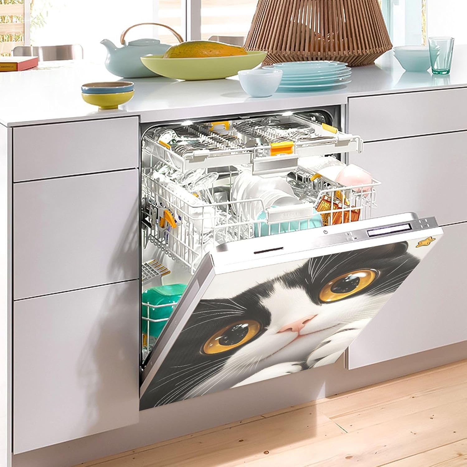 Dishwasher Magnet Cover Large Magnetic Stickers Cat with Brown Pupils Front Dishwasher Cover Reusable Decal for Home Kitchen Anti-Scratch Refrigerator Decorative Lid Washing Machine Laundry 23