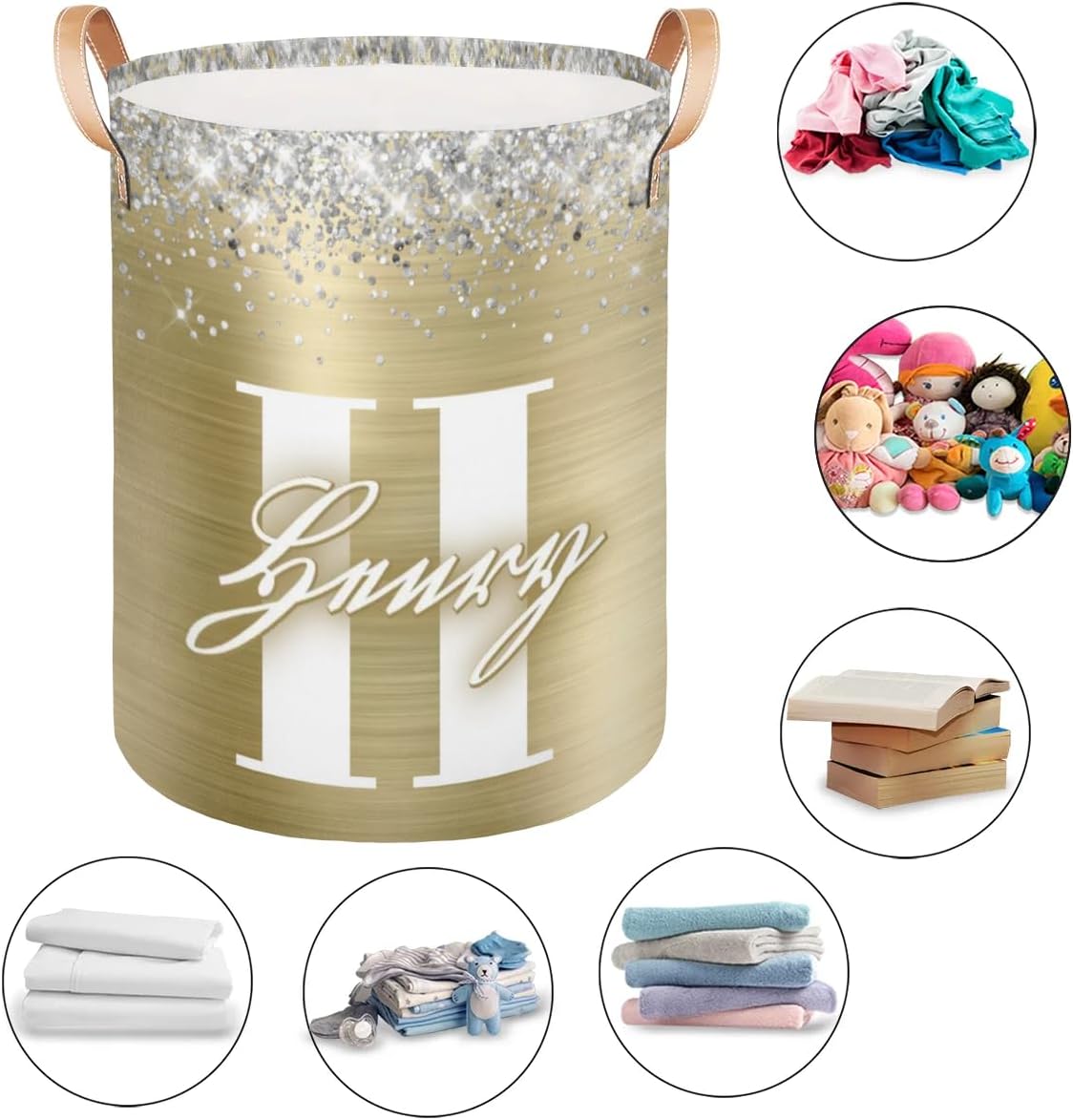 Custom Letter Collapsible Laundry Basket for Dirty Clothes, Large Laundry Hamper with Leather Handle Lightweight Gold Foil