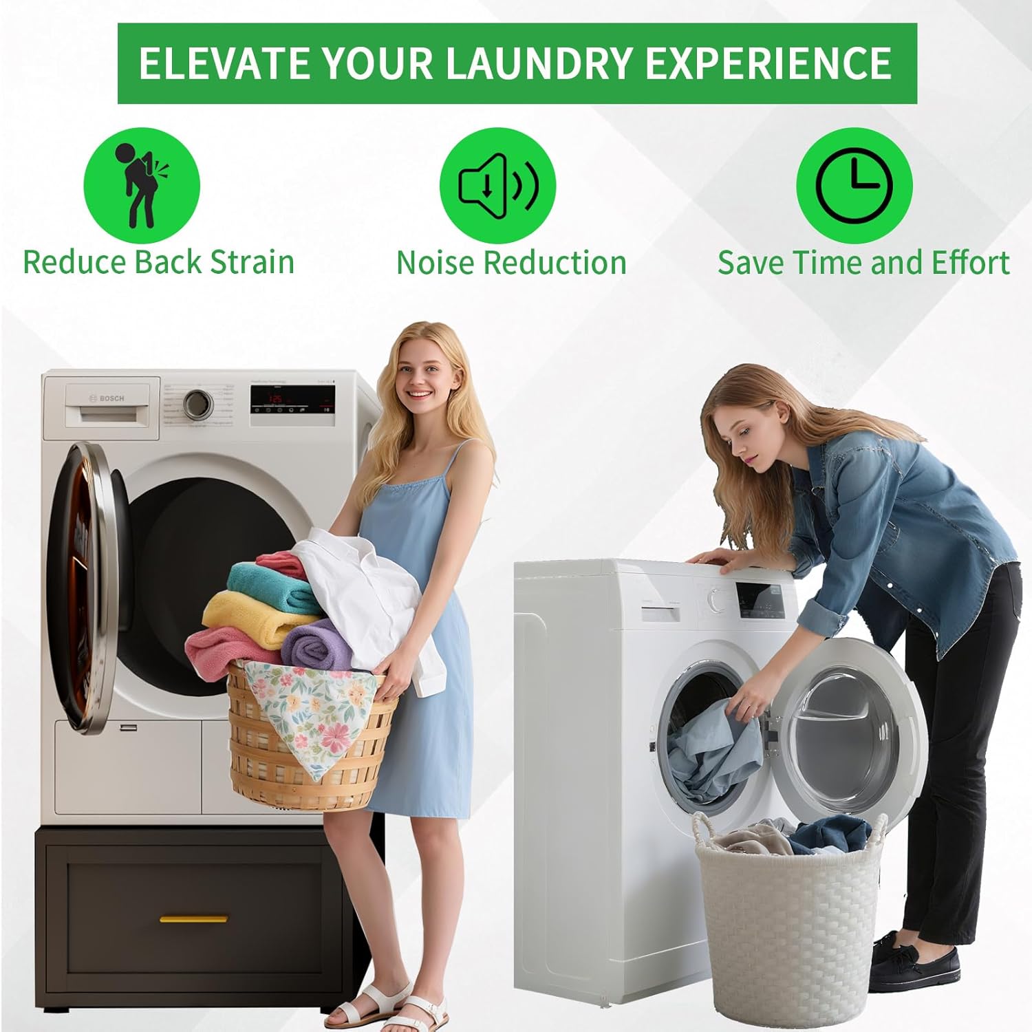 Washer Dryer Pedestals with Drawer, 440LBS Heavy Duty Anti-Vibration Washing Machine Stand, Multi-Functional Metal Freestanding Washer and Dryer Pedestals, Universal Laundry Pedestal (BLACK)