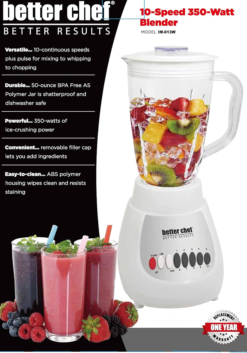 Better Chef Classic 10-speed Blender | 6-cup | BPA-free Acrylonitrile Styrene Polymer Jar (White)