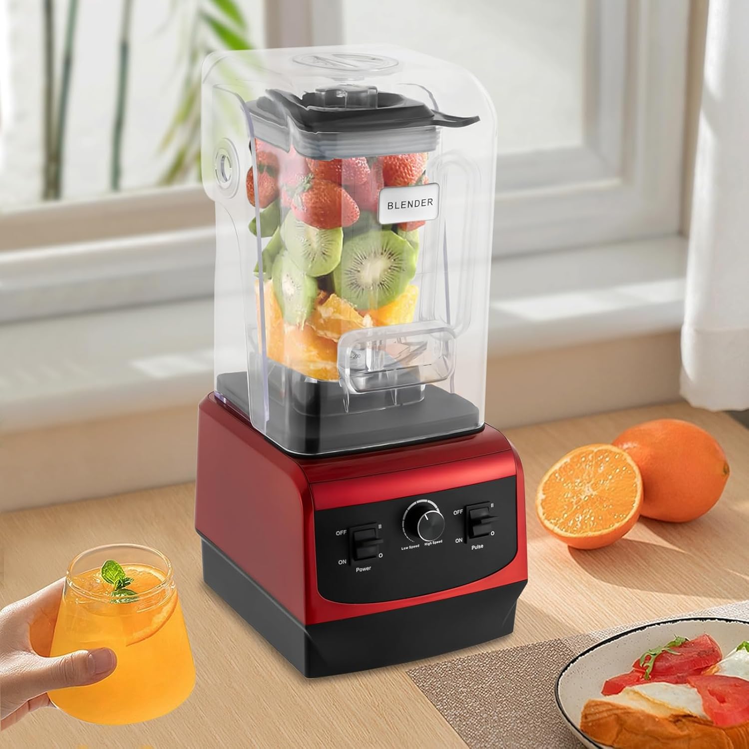 Blender with Soundproof Cover, Commercial Smoothie & Milkshake Machine with Food Pusher, Heavy Duty Quiet Noiseless Food Processing Blender, 2.2L/74.4OZ (Red)