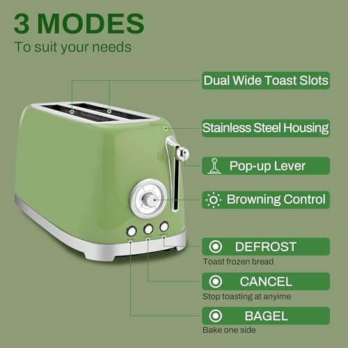 SUSTEAS Toaster 4 Slice Wide Slot, Stainless Steel Bread Bagel Toasters, Retro Long Slot Tostadora for Defrost, Reheat, Removable Crumb Tray, 1500W, 6 Browning Settings, Green