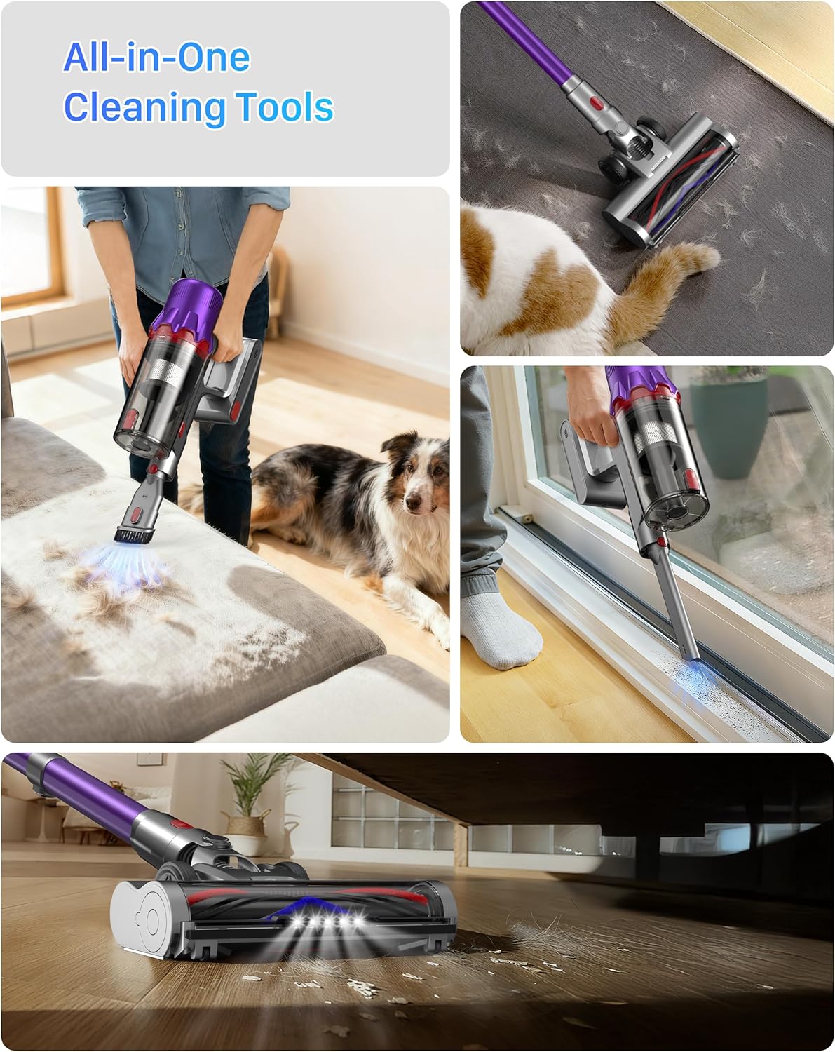 Cordless Vacuum Cleaner - Powerful Stick Vacuum with HEPA Filter, 55-Min Runtime, LED Light, Anti-Tangle Brush, Detachable Battery, Lightweight for Home, Pet Hair, Carpets & Hard Floors