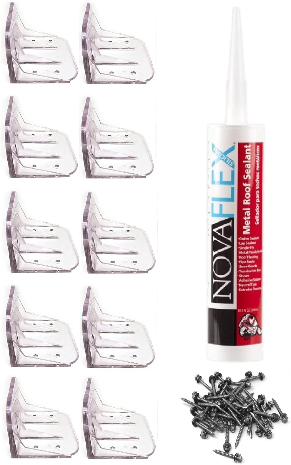 JSP Manufacturing Clear Plastic Jumbo 10 Piece Snow Guards with Mechanical Fastening Mounting Hardware Kits on Metal Roofs (Snow Guards with Wood Screws & Sealant)