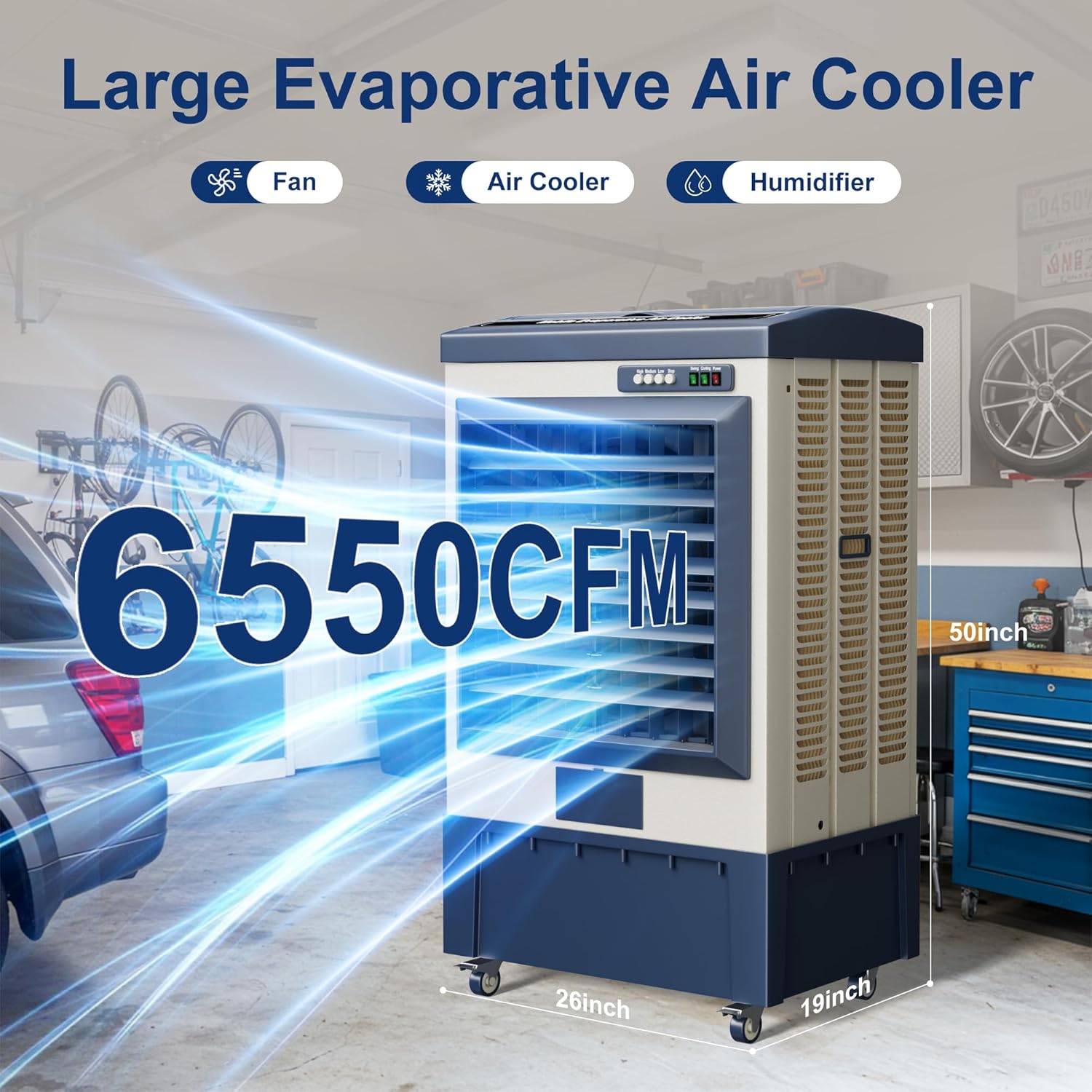 Swamp Cooler, 6550CFM Evaporative Air Coolers with 19.5 Gal Tank, Windowless Air Conditioner 3 Speeds for Outdoor Use, 49 Inch Air Cooler Water Fan for Patio, Garage, Shop, Commercial Grey