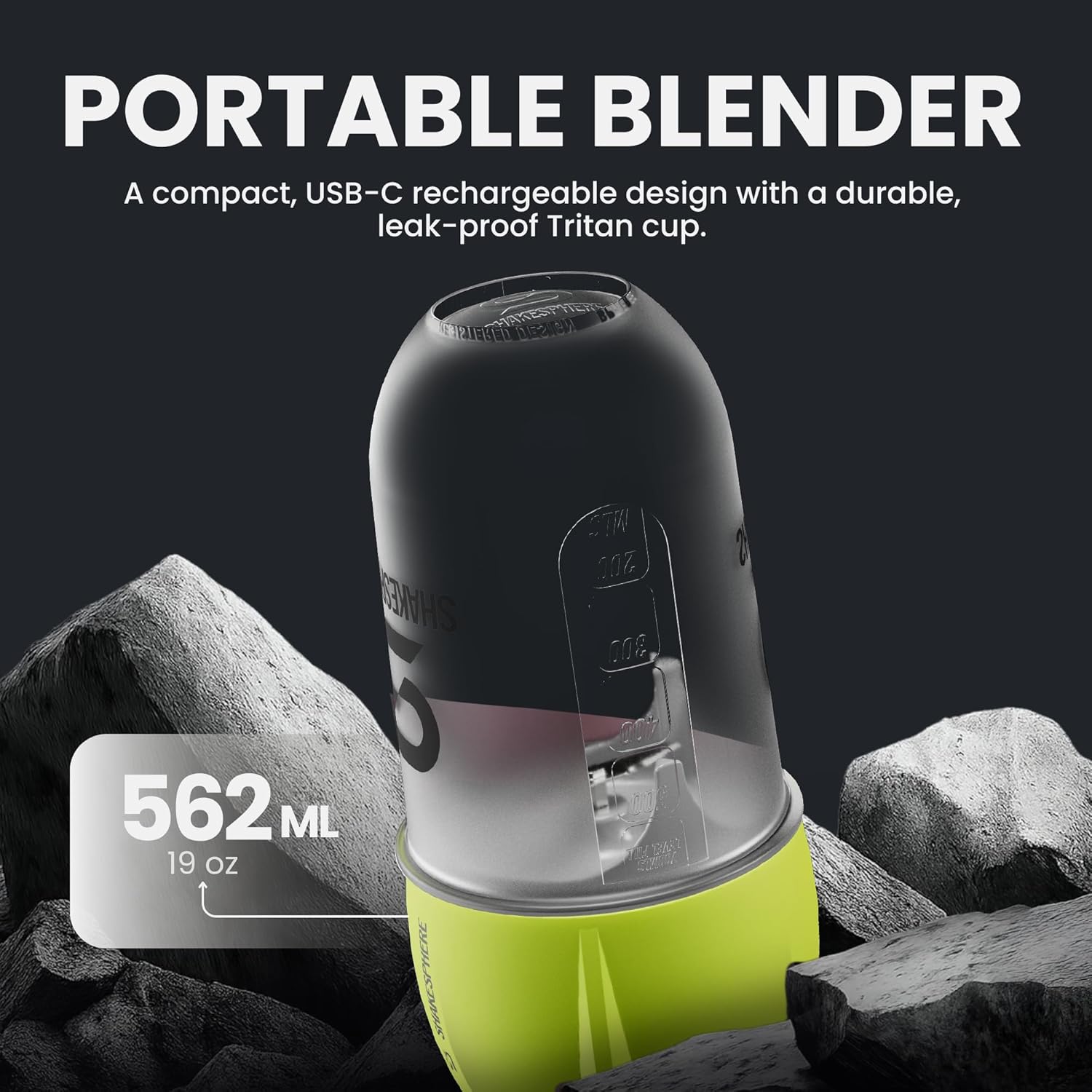 SHAKESPHERE Portable Blender for Shakes and Smoothies – 19oz Electric Personal Blender with Clear Tritan Cup, USB-C Rechargeable, Compact and Powerful for Travel, Gym, and Workout – Fluorescent Yellow