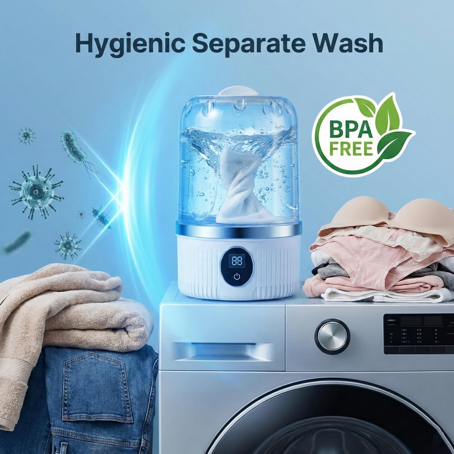 Underwear Washing Machine, BPA-free Portable Mini Washer for Socks, Baby Clothes, Cordless Small Laundry Cup for Travel, Dorm, Apartment, RV, Camp, Kids
