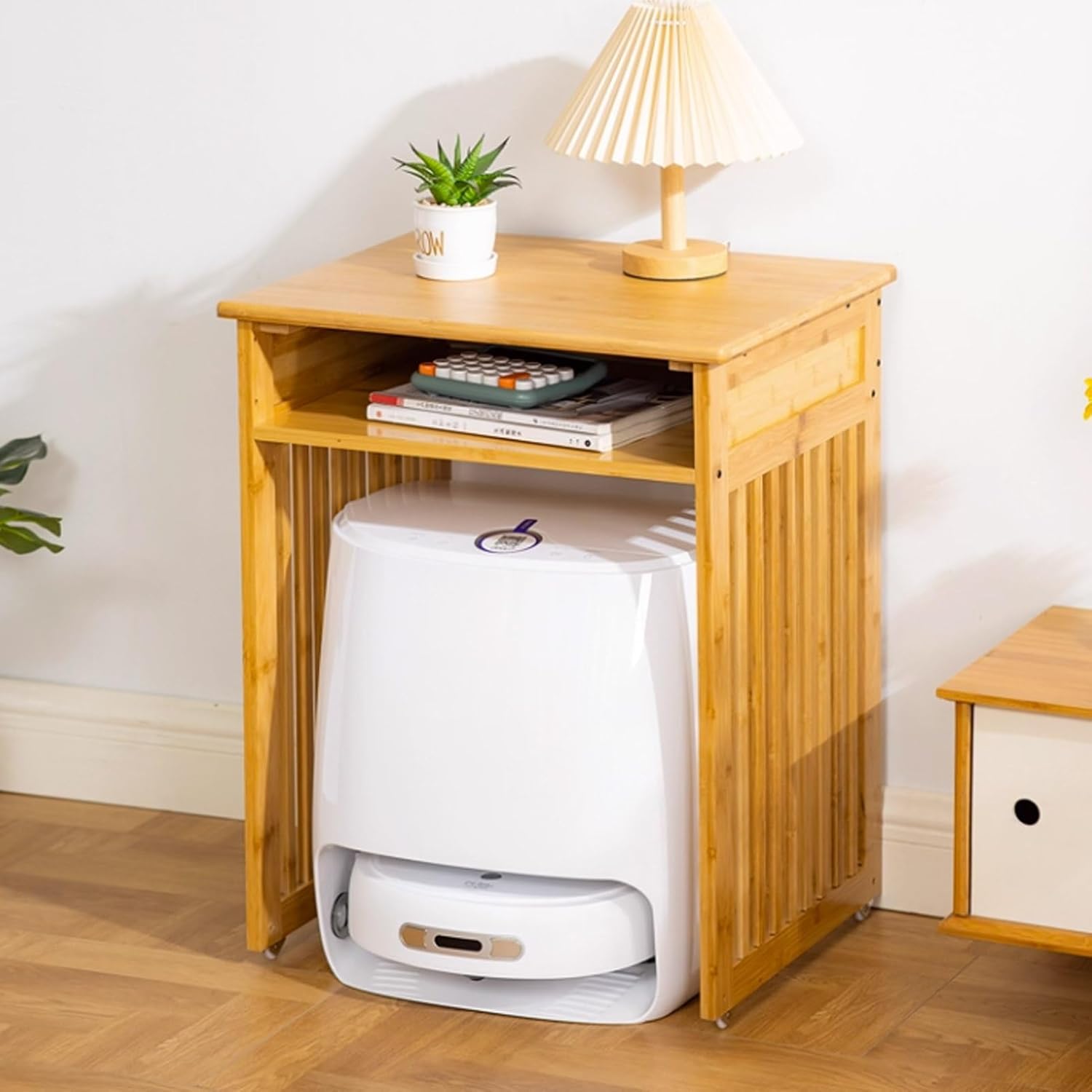 Robot Vacuum Stand Cabinet, Sweeping Robot Storage Rack, Vacuum Hidden Storage Cabinet, Robot Vacuums Stand with Wheels, Household End Side Table(Natural,21.8x18.3x29.5'')