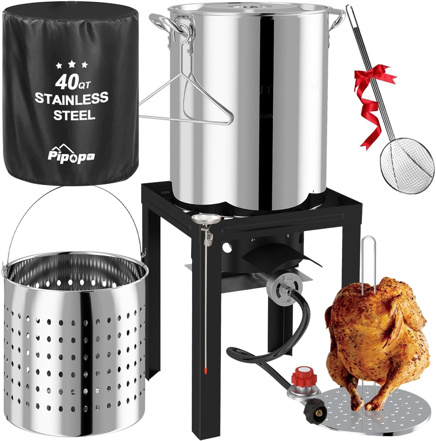 40QT Stainless Steel Turkey Fryer | Outdoor Fryer | Seafood Boil Pot | Cover & Skimmer Included | 50,000BTU Propane Burner | Deep Fryer Pot with Basket | Crab, Seafood & Crawfish Boiler