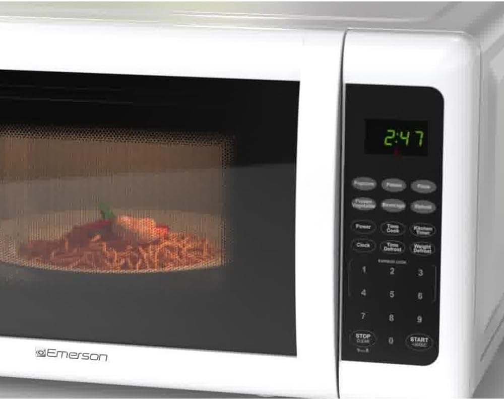 Emerson MW7302W Compact Countertop Microwave Oven with Touch Control, LED Display, 700W, 10 Power Levels, 6 Auto Menus, Glass Turntable and Child Safe Lock, 0.7 Cu., Ft. White