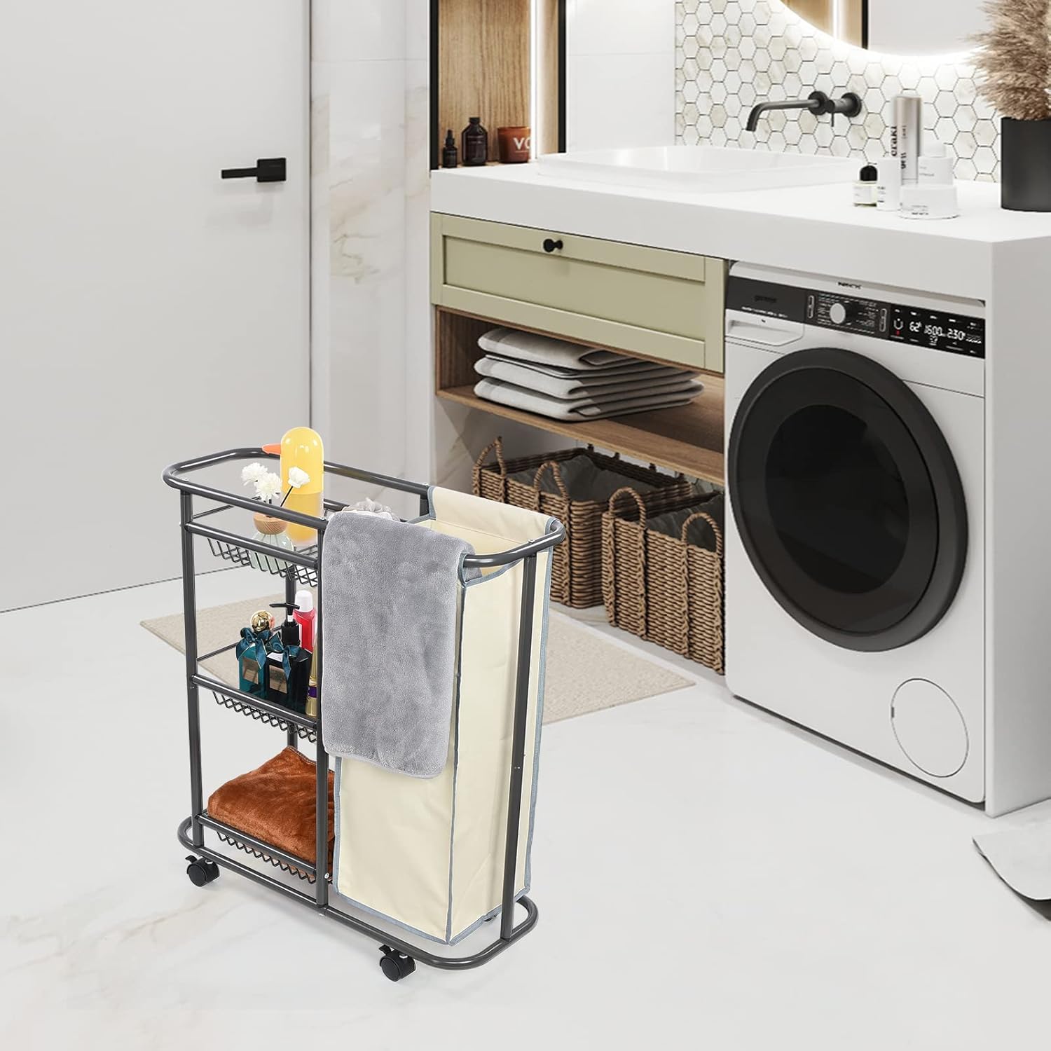 Rolling Laundry Cart with Wheels: Heavy Duty Laundry Basket with Wheels - 3-Tier Cleaning Cart Between Washer and Dryer Storage with 1 Bag for Clothes,Laundry Room,Bathroom, Bedroom