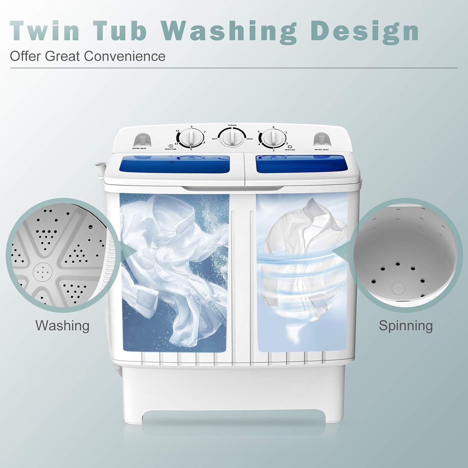 LDAILY Portable Washing Machine, 20lbs Compact Twin Tub Washer and Spinner with Drain Pump and Deep Cleaning, Mini Laundry Washing Spinning Combo for Apartment, RV, Dorm, Camping (White & Blue)