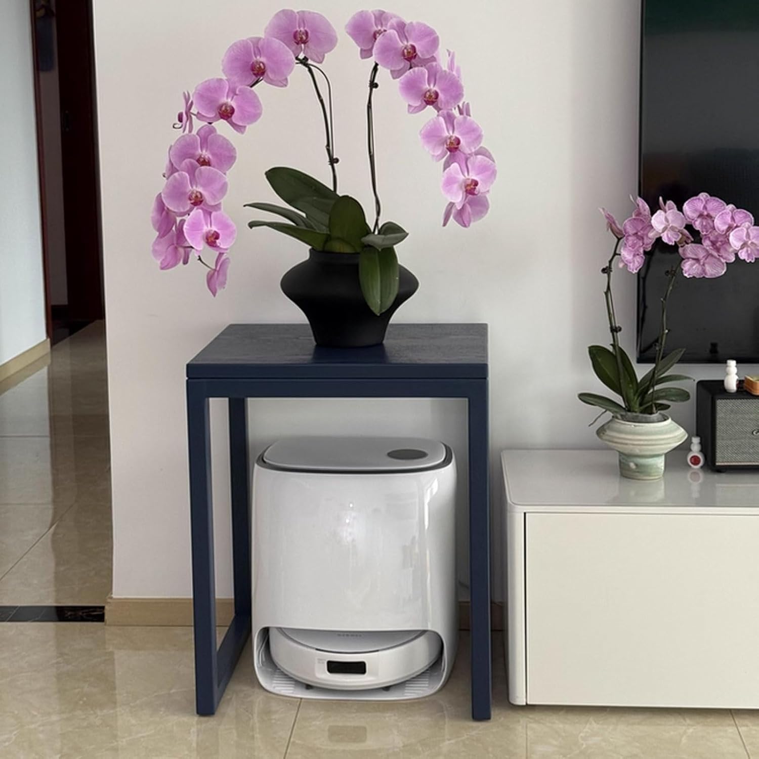 Sweeping Robot Storage Cabinet with Silent Pulleys Single Layer Wood Organizer Stand for Robotic Vacuum Wide Table Design No Assembly Required(Yellow)