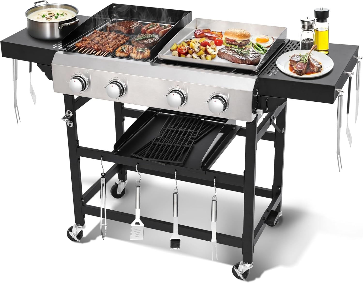 Cookit Propane Gas Grill and Griddle Combo with 40,000 BTUs, 4-Burner Stainless Steel Griddle & Cast Iron Grill Combo for Outdoor Cooking While Camping or Tailgating