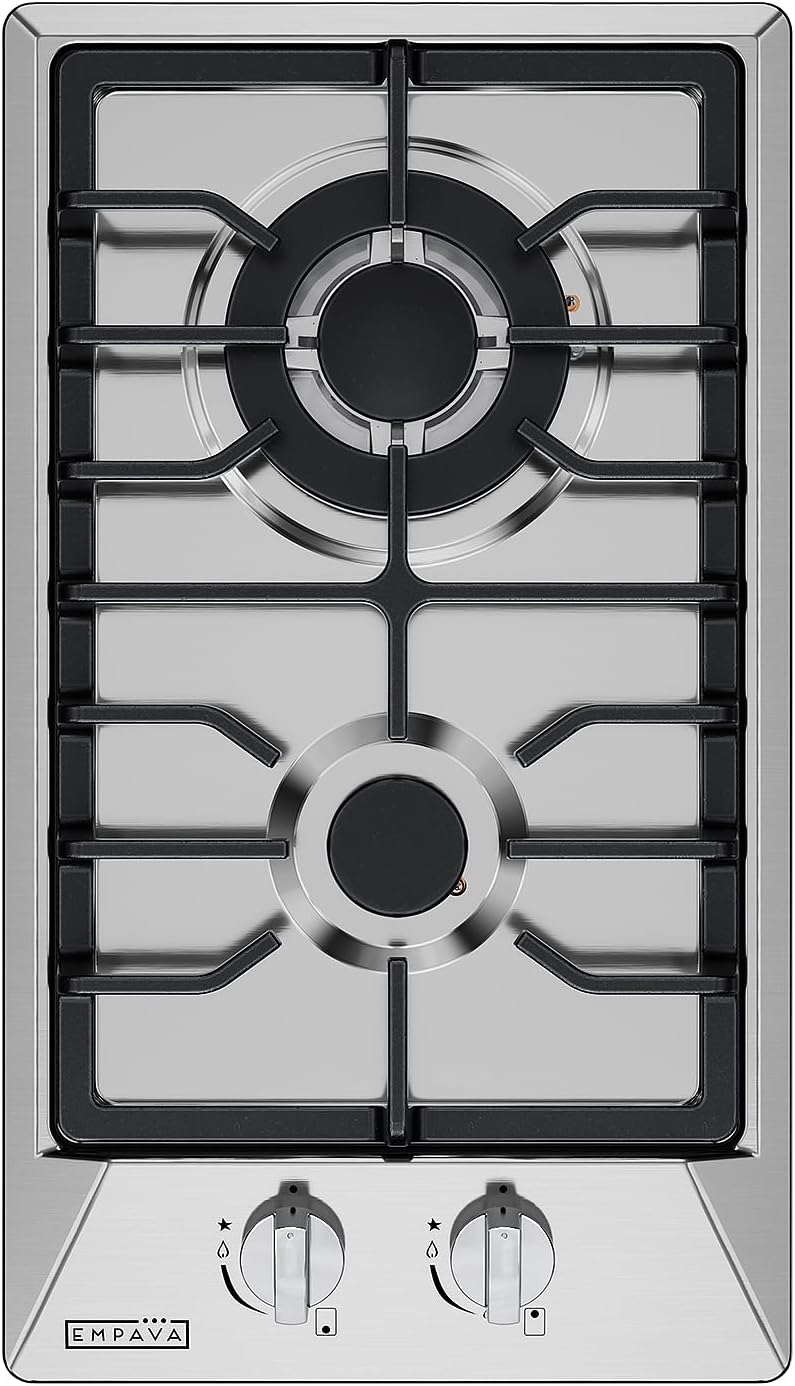 Empava 12 Inch Built-In Gas Cooktop with 2 Sealed SABAF Burners, Stainless Steel Surface, Dishwasher Safe Cast Iron Grates, NG/LPG Convertible