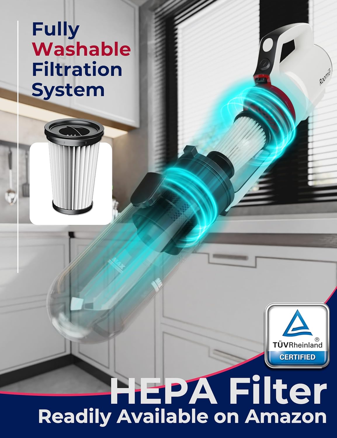 Roomie Tec SlimVac Pro Cordless Vacuum Cleaner for Home - 2200mAh Battery, High Suction Power, Lightweight, Detachable Handheld with HEPA Filter – Multi-Surface Cleaning for Carpets, Hard Floors, Cars