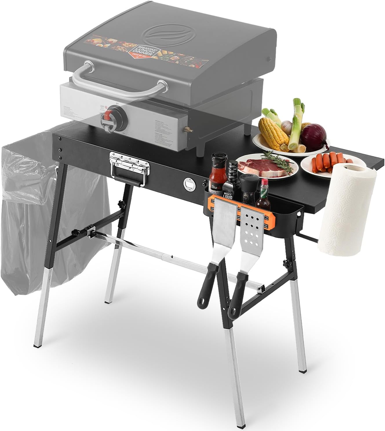 Grill Tables for Outside, Blackstone Griddle Stand with Trash Holder - Fit 17” or 22” Other Tabletop Grill, Folding Portable Ninja Grill Stand& Blackstone Table for Outdoor Tailgate, Camping