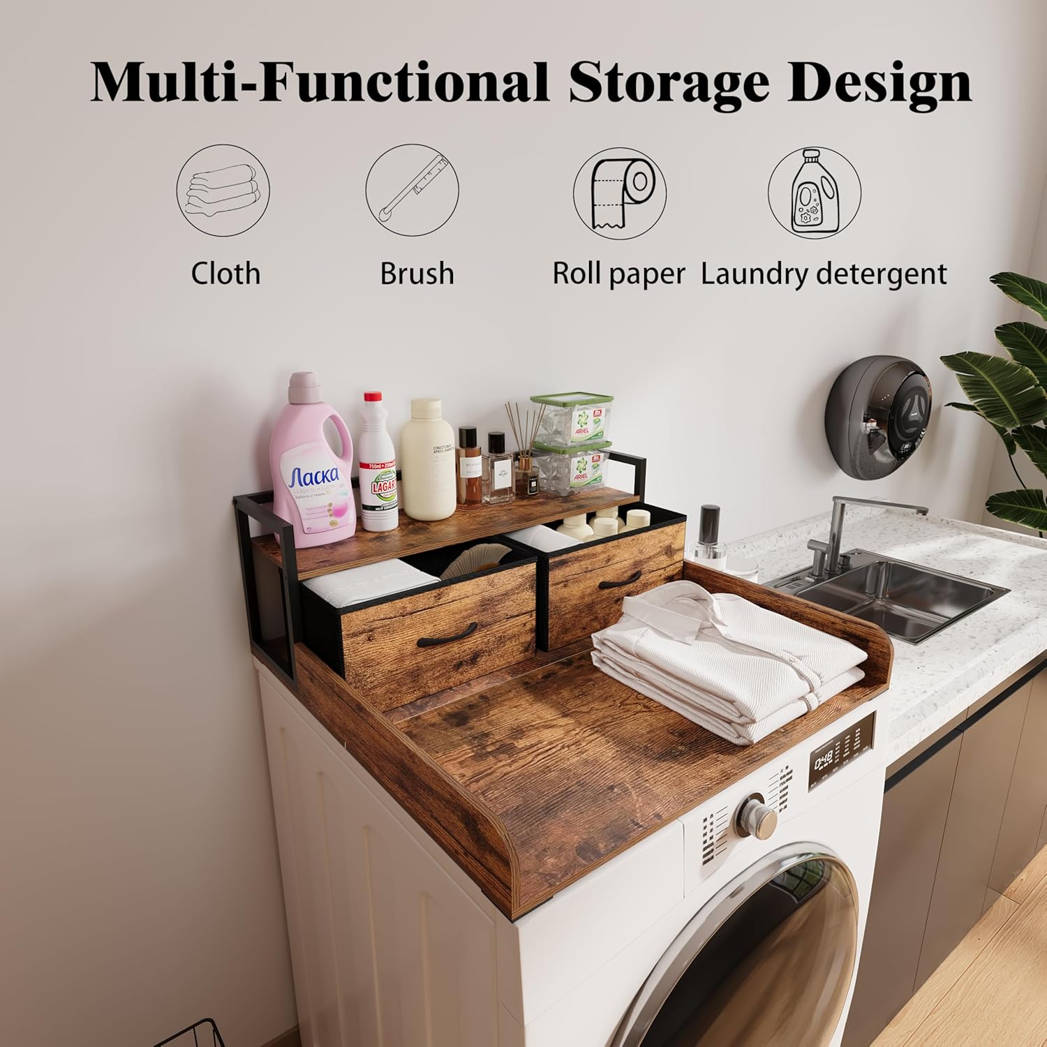 2-Tier Washer Dryer Countertop single with shelf and fabirc drawer,laundry topper with Edge and Non-Slip Pad for Washer Dryer Laundry Hamper Counter Storage Organization (rustic brown, single)