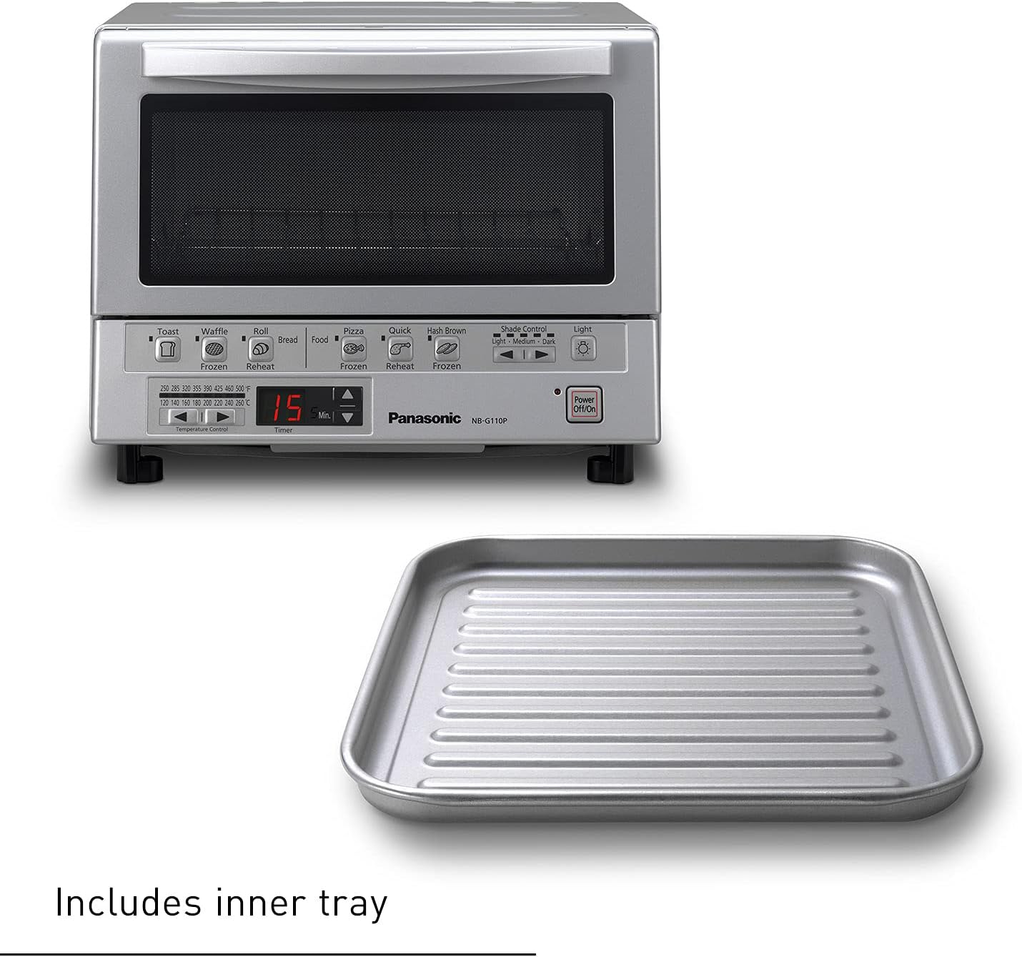 Panasonic FlashXpress Toaster Oven Countertop, 4-Slice Small Toaster Oven Compact Size with Double Infrared Heating, 6 Auto Cook Options and Precise Temperature Control, 1300W - NB-G110P (Silver)
