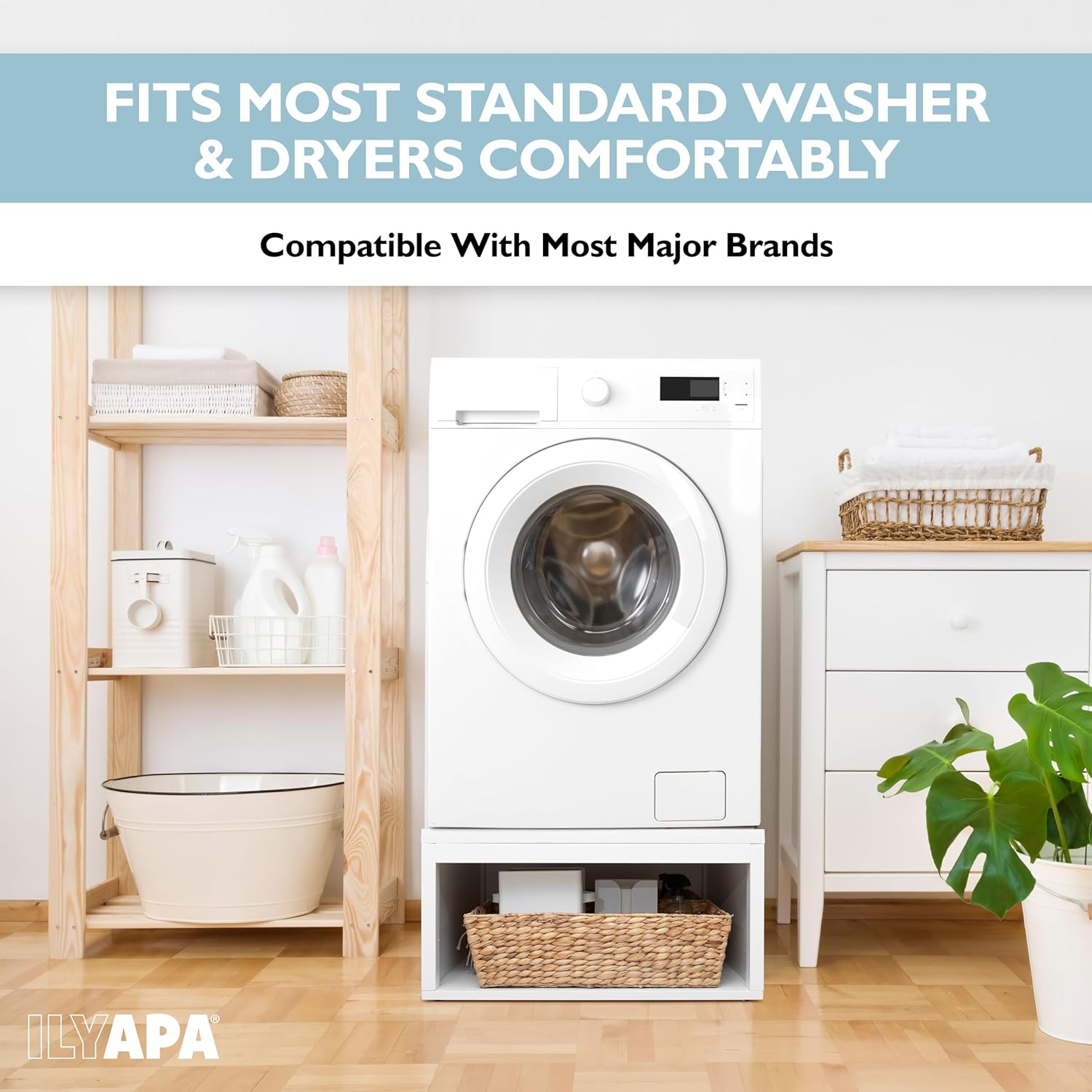 Ilyapa Washer and Dryer Stand - Universal Wooden Laundry Pedestal with Drawer - Compatible with Samsung, LG, GE, Maytag - 28x28x14 in. Patent Pending