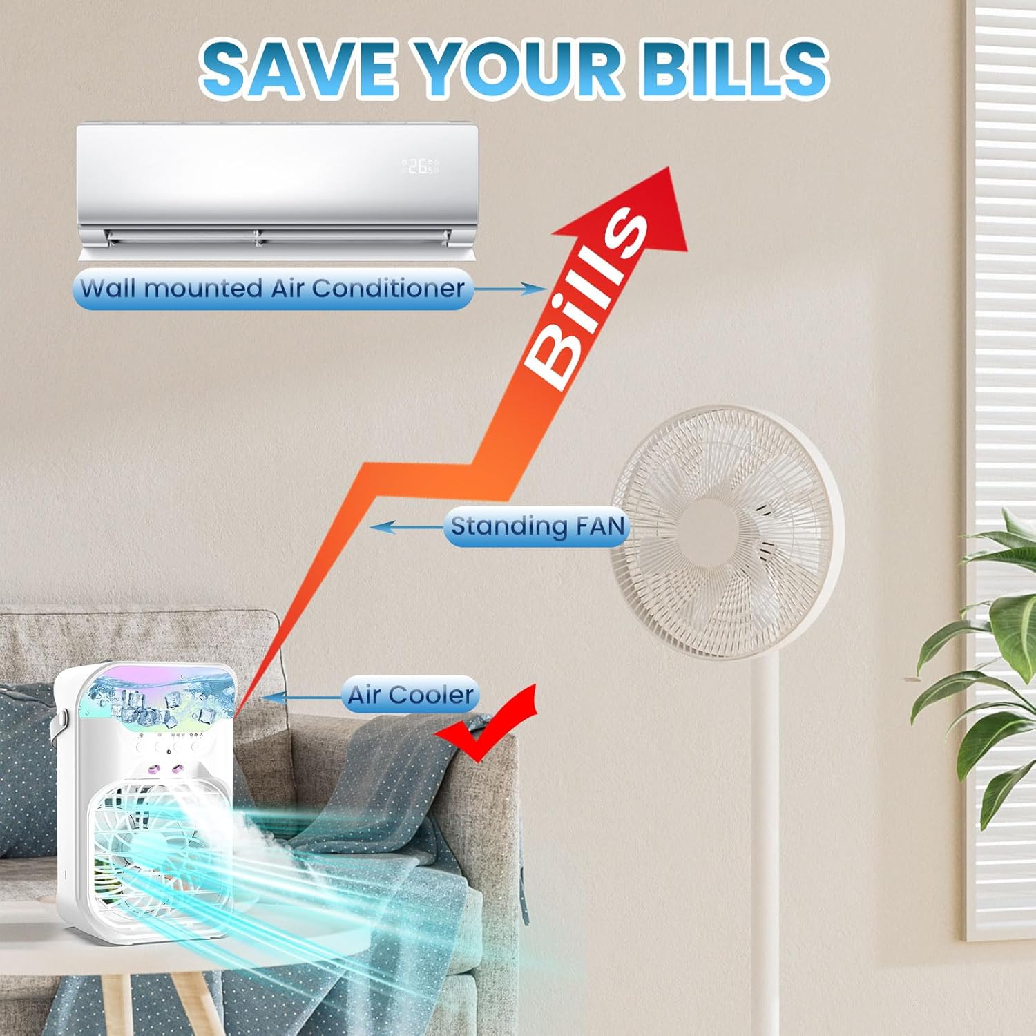 IWENNUAN Portable Air Conditioners, 4 in 1 Portable AC Unit with Remote, 1500ml Water Tank, 3 Speeds, 6H Timer, 2 Spray Mist, 7 Night Light, Personal Mini Air Conditioner for Bedroom, Black