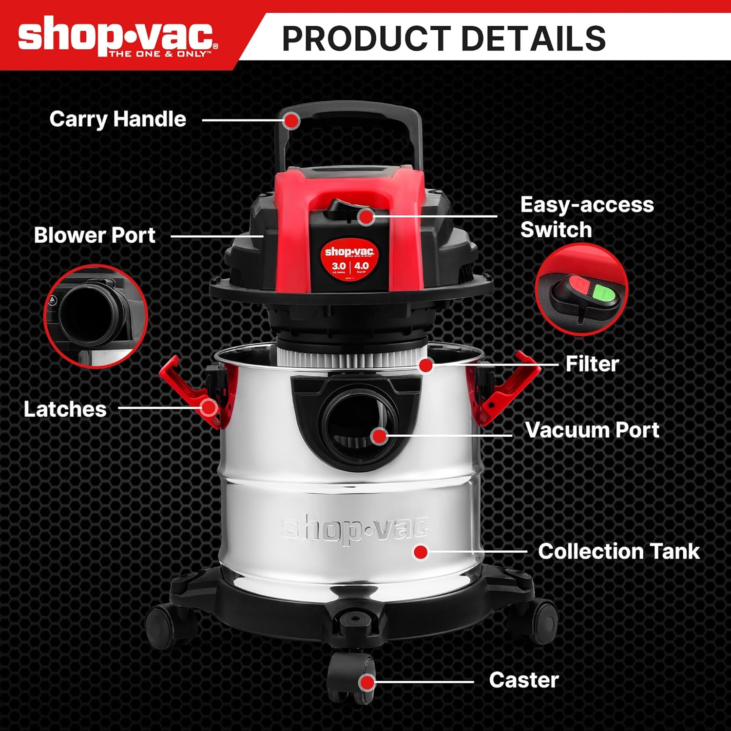 Shop-Vac 3 Gallon 4.0 HP Wet/Dry Vacuum with Blower Function, Stainless Steel Tank, Portable Shop Vacuum with Wheels, Includes Filters, Hose & Accessories, Ideal for Garage and Workshop