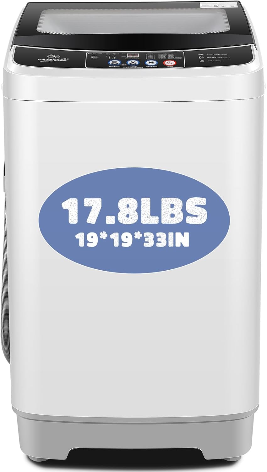 Nictemaw Portable Washing Machine, 17.8Lbs Capacity Full-Automatic Portable Washer with Drain Pump, 2.4Cu.ft Washer and Dryer Combo with Glass Top Lid, LED Display, 10 Programs & 8 Water Levels for Apartment, Dorms, RV