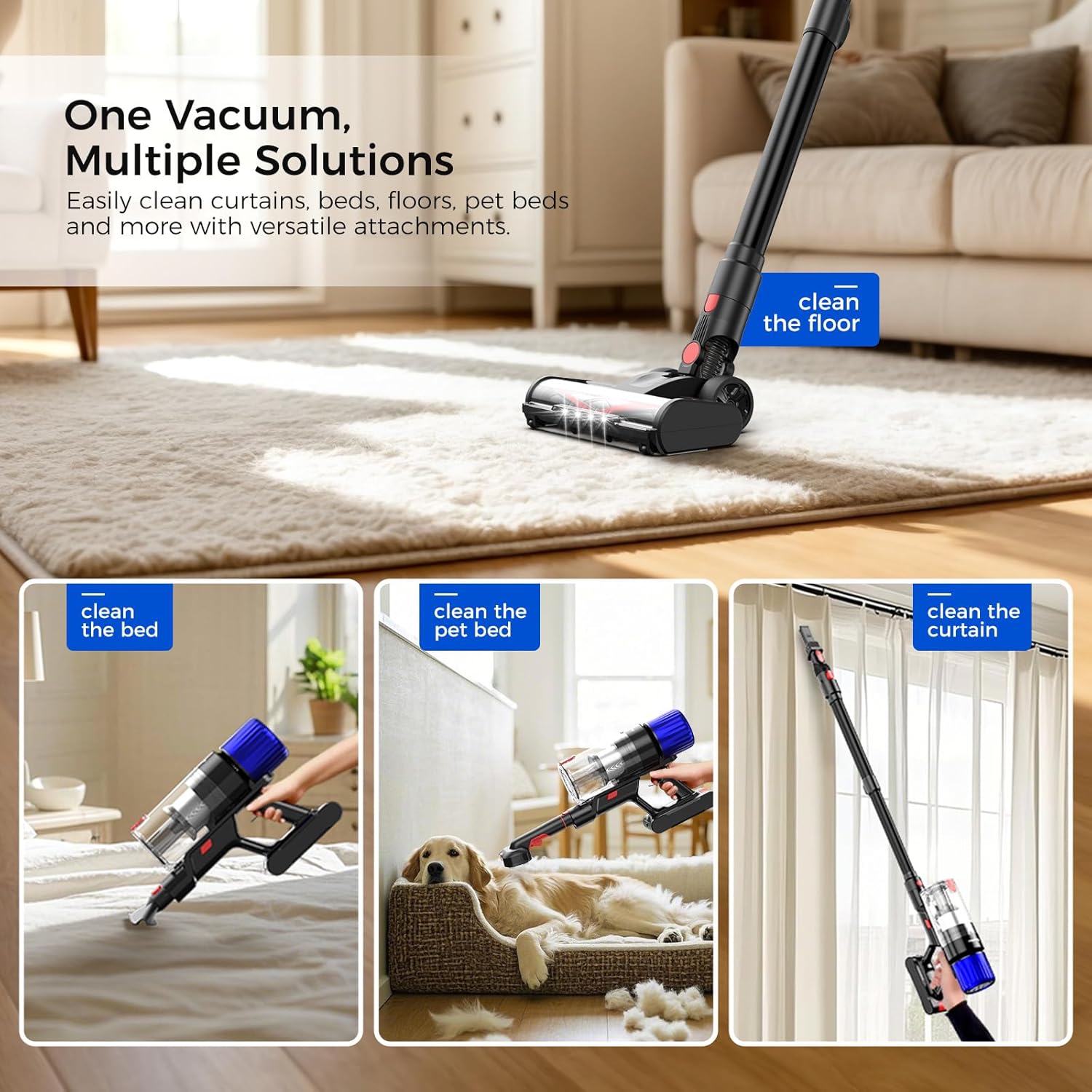 Teendow Cordless Vacuum Cleaner, 500W 50 Minutes Runtime Stick Vacuum for Pet Hair, Powerful Suction, Rechargeable, Lightweight, Handheld Vacuum Versatile for Carpet, Hard Floor (Black)