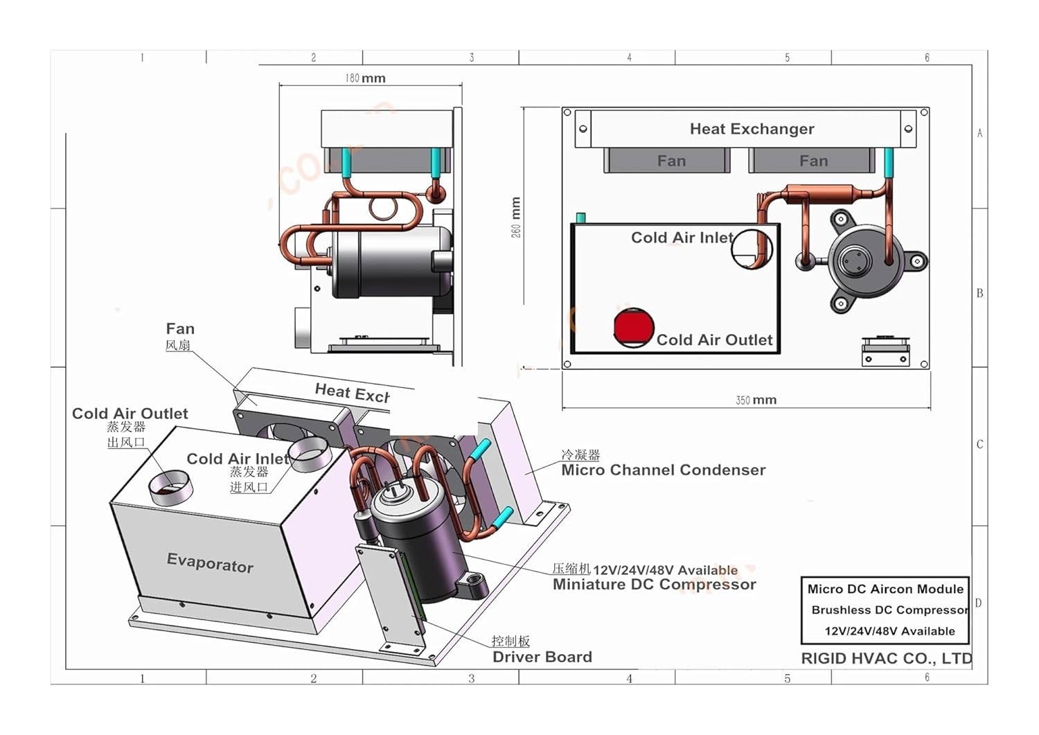 Air Conditioner, Micro DC Air Conditioner, 550W Compact Cooling for Small Spaces, EVs, Cabins, 24V, R134A, Ready to Use, Lightweight, Low Vibration