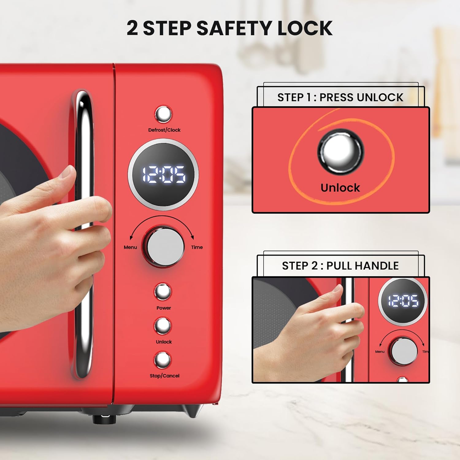 Total Chef Retro Microwave Oven | 20L / 0.7 Cu Ft | Quick Start & Defrost By Weight/Time | 8 Pre-set Cooking Modes For Coffee, Rice, Pasta, Potato, Reheat, Fish, Pizza, Popcorn | 700W | Red