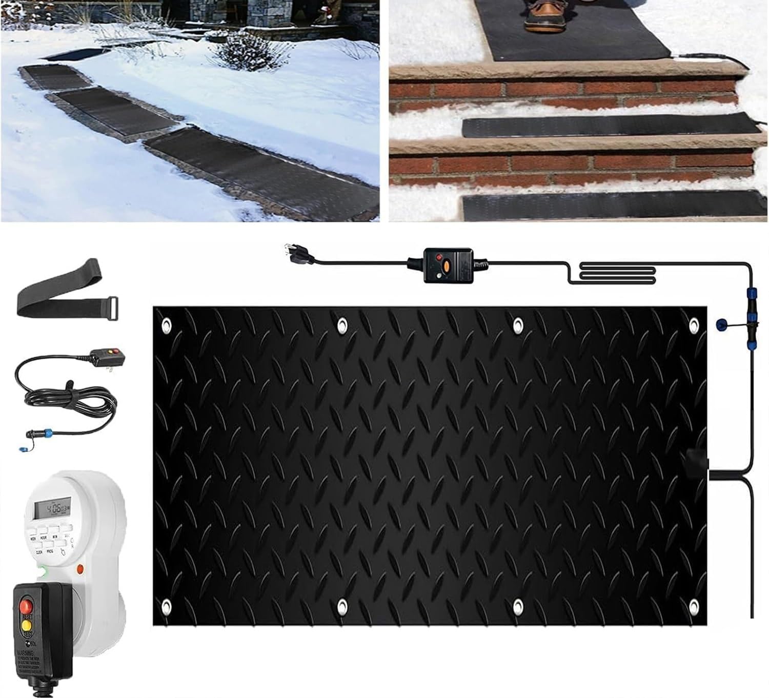 Heated Snow Melting Mats with Timer, 1/2/3/4/5 Pcs Non Slip Rubber Heated Mat with Power Cord for Entrances Heat Track Snow Melting Mats Outdoor Stairs Non-Slip Winter Removal(1 Pcs,12x36in/(3
