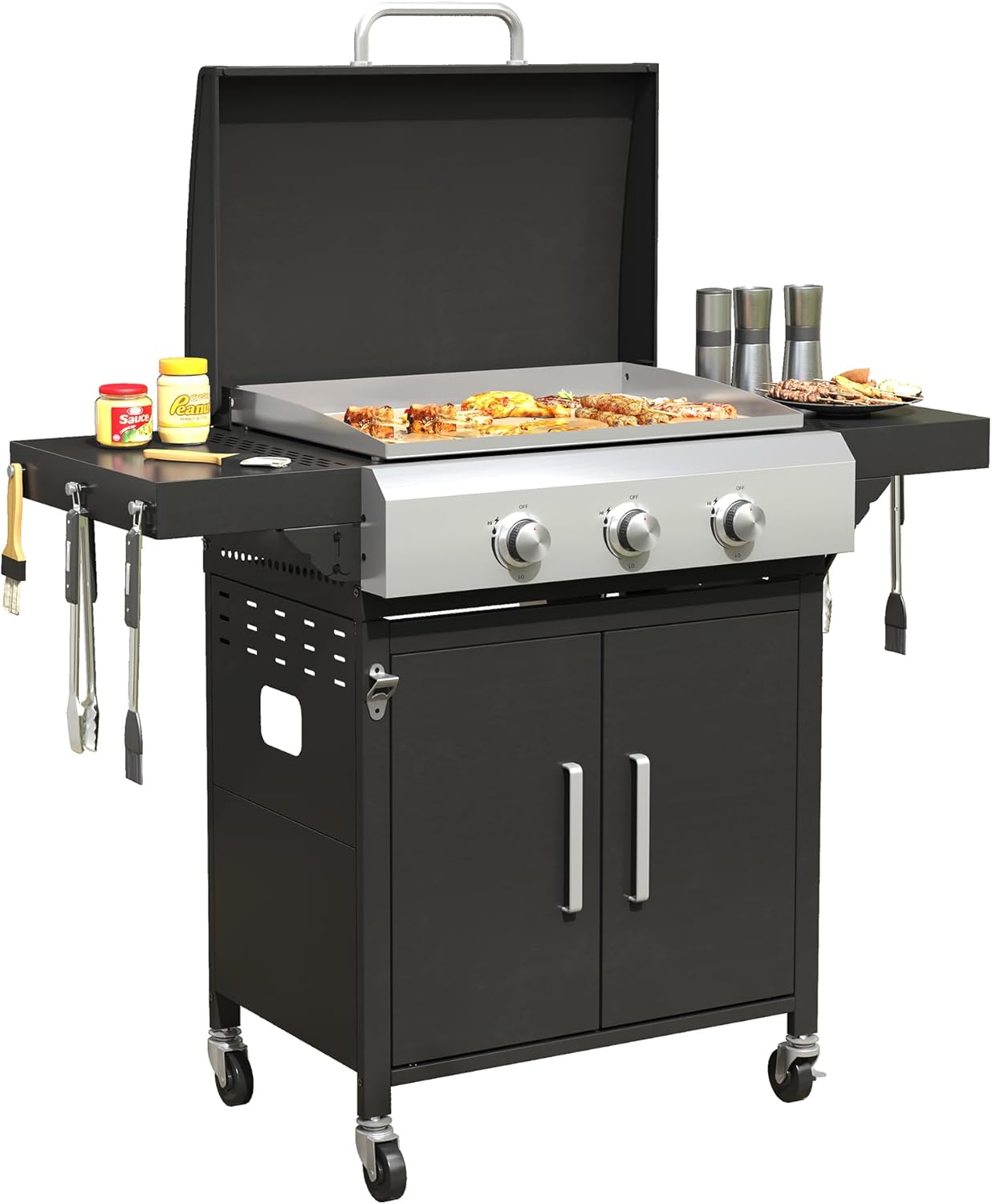 DIFY 3-Burner Propane Gas Griddle Grill, 28 in Flat Top Griddle Grill with Porcelain-Enameled Grates and Stainless Steel Frying Pan, 36000 BTU Output Barbecue Grills for Outdoor Barbecue