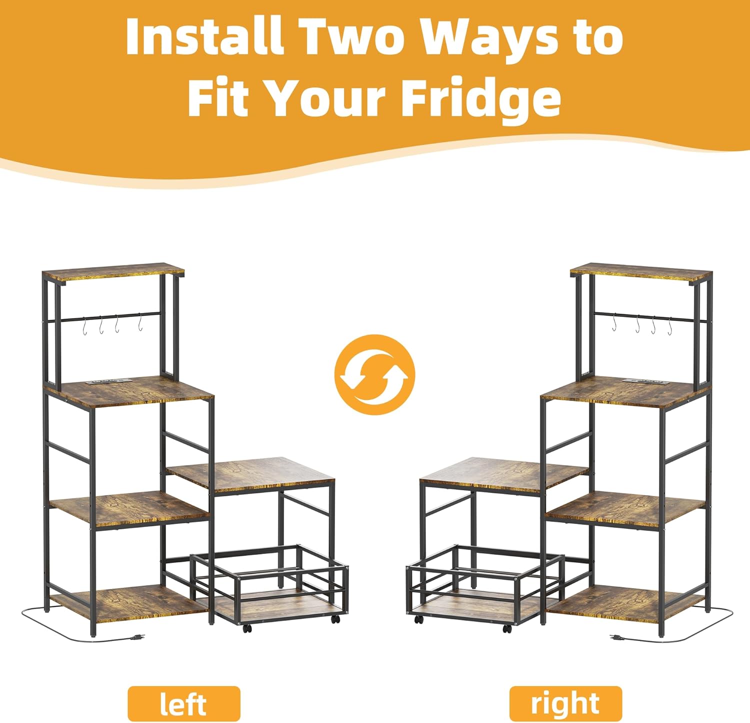 Mini Fridge with Microwave Stand, Coffee Bar Station with Storage, Bakers Rack with Power Outlet, Movable Basket, Adjustable Oven Shelf, Small Refrigerator Organizer for Dorm, Kitchen, Office