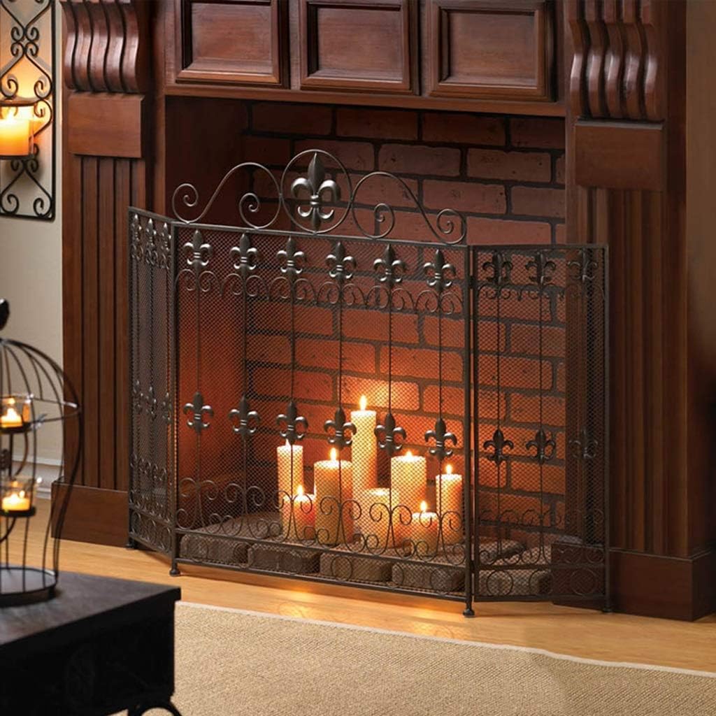 Fireplace Guard Screen, Wrought Iron Fire Safety Partition, American Black Decorative Spark Cover for Living Room, Embedded Mantelpiece Heating Guardrail,