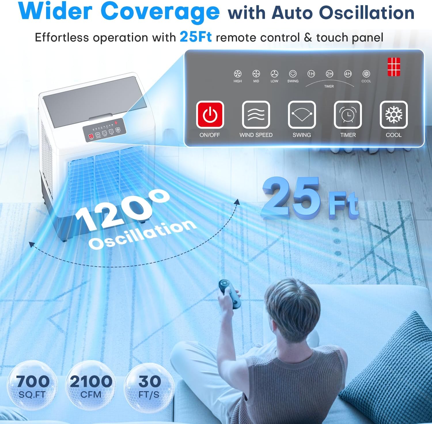 FANCOLE Windowless Air Conditioner, 2100CFM Evaporative Air Cooler with 3 Ice Packs, 700 Sq.ft Swamp Cooler Air Conditioner No Windows Needed w/3Mode & 3Speed, 7H Timer & Remote for Room Garage Patio