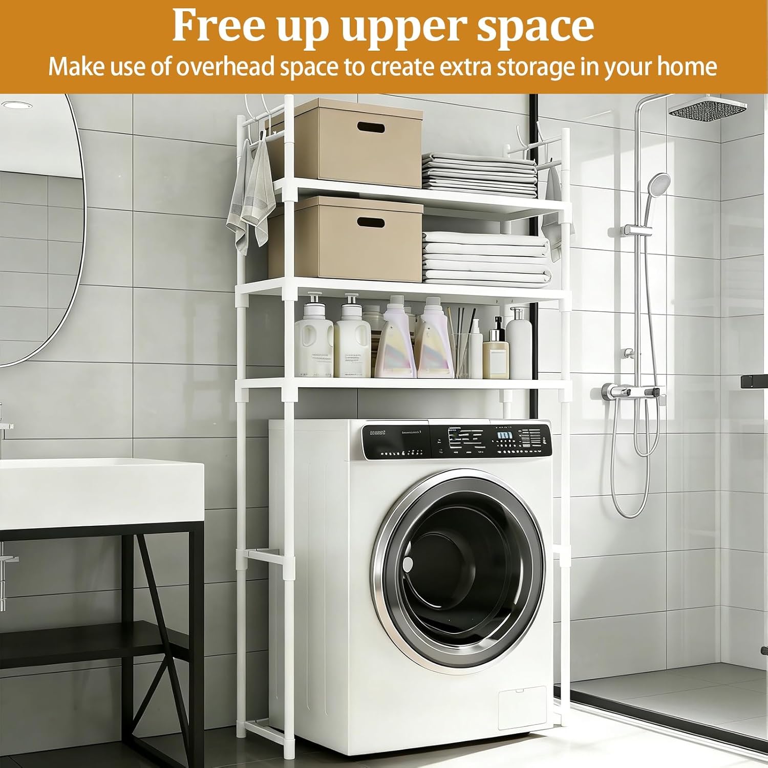 Over Washer and Dryer Shelf – Dual-Appliance Laundry Room Organizer for Supplies & Linens(White)