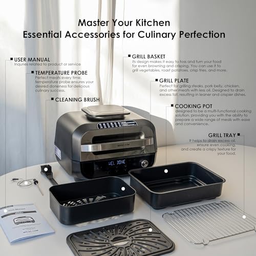 MAGiC COM Indoor Grill Air Fryer Combo, 7-in-1 Electric Grill with Steak, Roast, Air Crisp, Bake, Dehydrate, Pizza and Reheat. Smart Thermometer, Non-Stick, Dishwasher Safe/Black