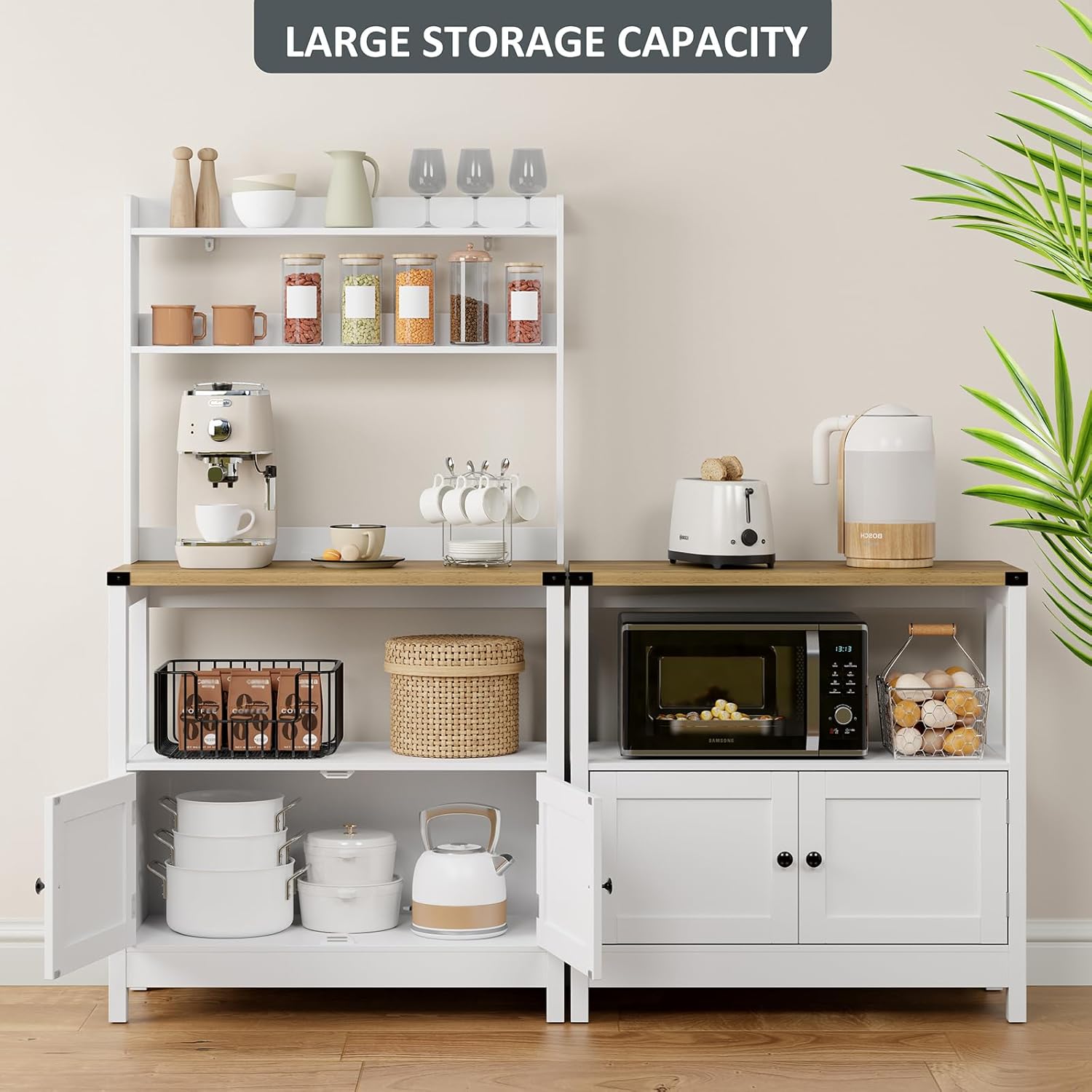 Microwave Stand Bakers Rack Cabinet, Freestanding 5-Tier Kitchen Shelves, Farmhouse Floor Hutch Door Thickened Counter,Utility Storage Shelf, Coffee Bar(White and Brown)