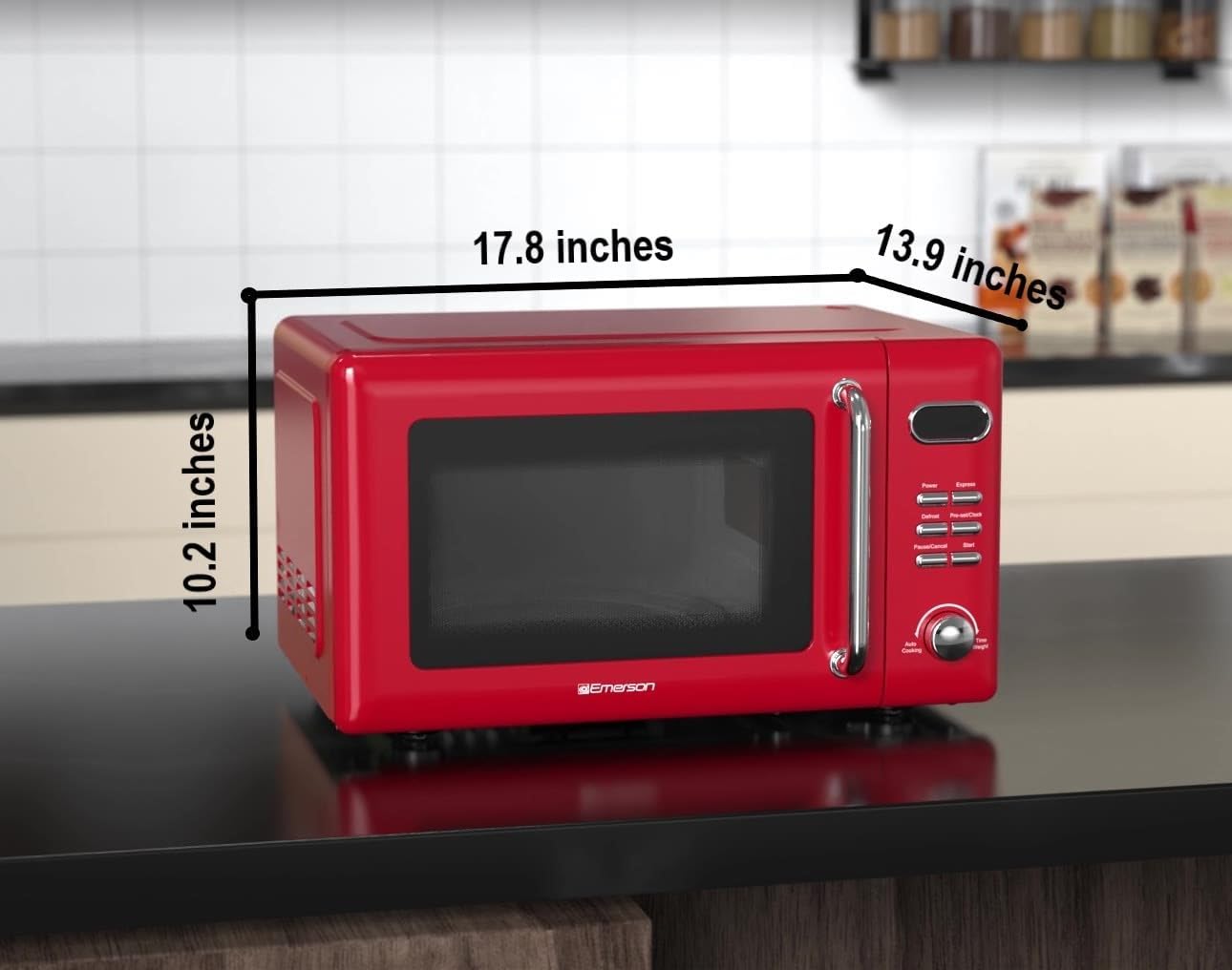 Emerson MWR7020RD Retro Compact Countertop Microwave Oven with Button Control, LED Display, 700W 5 Power Levels, 8 Auto Menus, Glass Turntable and Child Safe Lock, 0.7, Retro Red