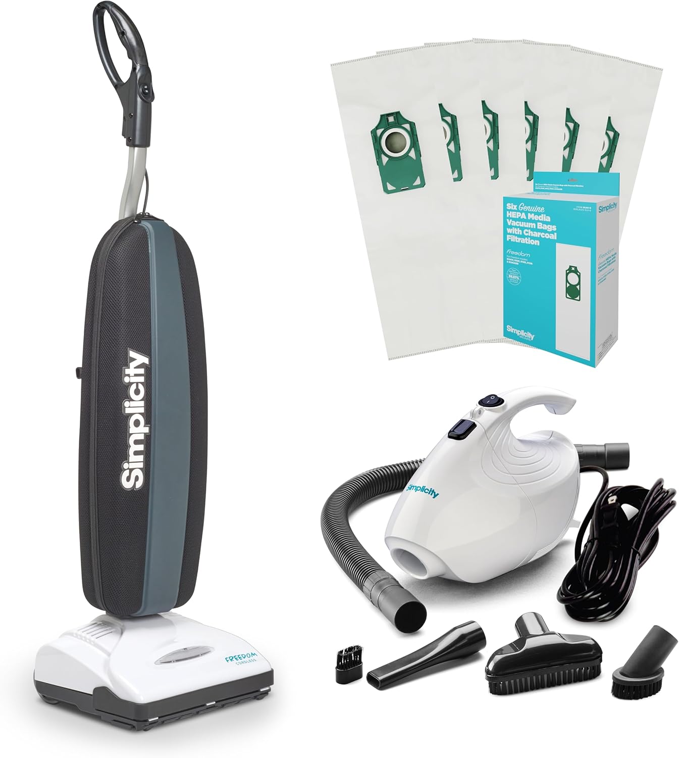 Simplicity Vacuums Ultimate Clean Bundle – Freedom Cordless Upright with HEPA Media Bag Set + Flash Mini Handheld – Lightweight Vacuum Cleaner for Carpet, Hard Floor, and Bare Floor