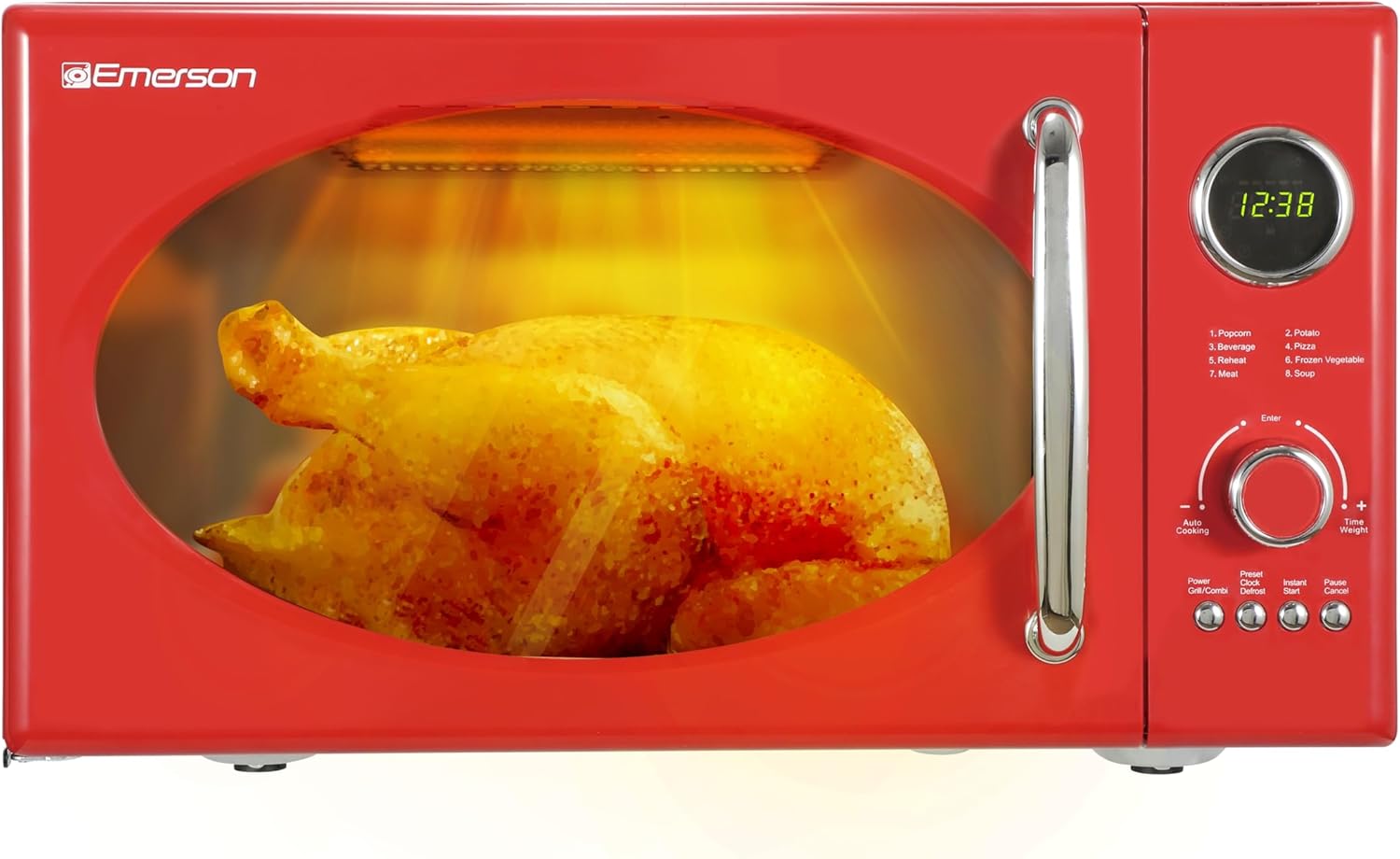 Emerson MWRG0901RD 0.9 Cu. Ft. Retro Microwave with 1,000W Grill Function, 800W Cooking Power, LED Display, 5 Power Levels, 8 Auto Menus, Glass Turntable, Child Lock, Red Countertop Design