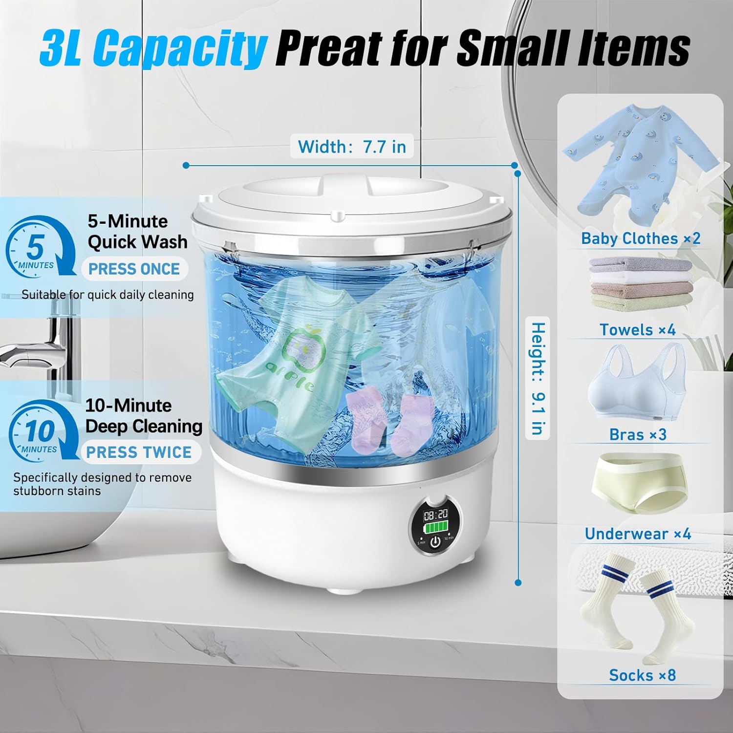 Portable Mini Washing Machine,Upgrade Blue Light,3L Capacity Underwear Washing Machine,Deeply Clean Underwear,Baby Clothing & Small Items of Clothing,Mini Washer Suitable for Family,Hotel,Camping