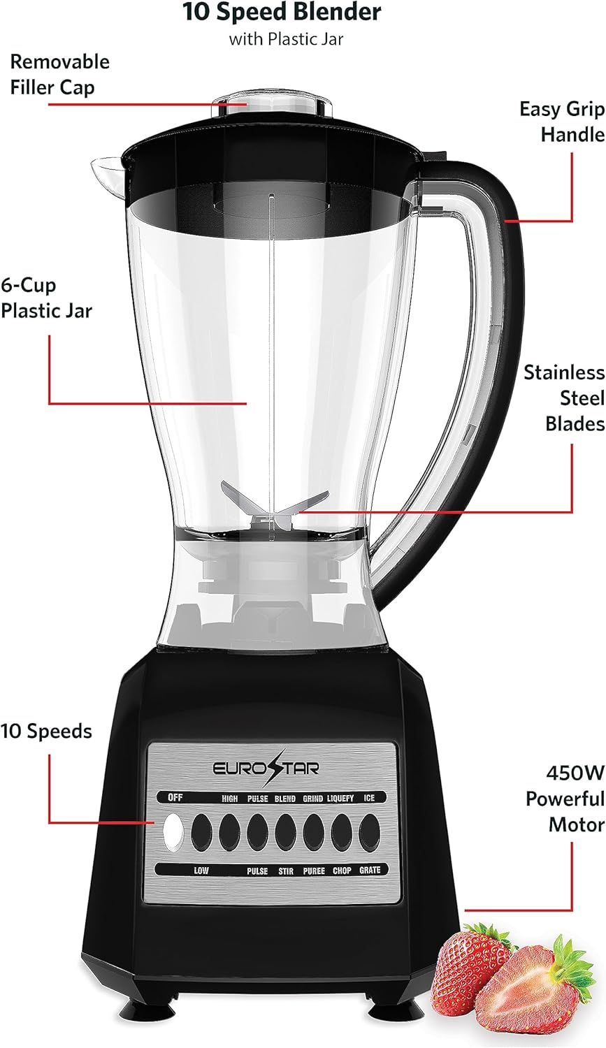 EUROSTAR EBL820BK 450W 10-Speed Plastic Jar Blender, Black