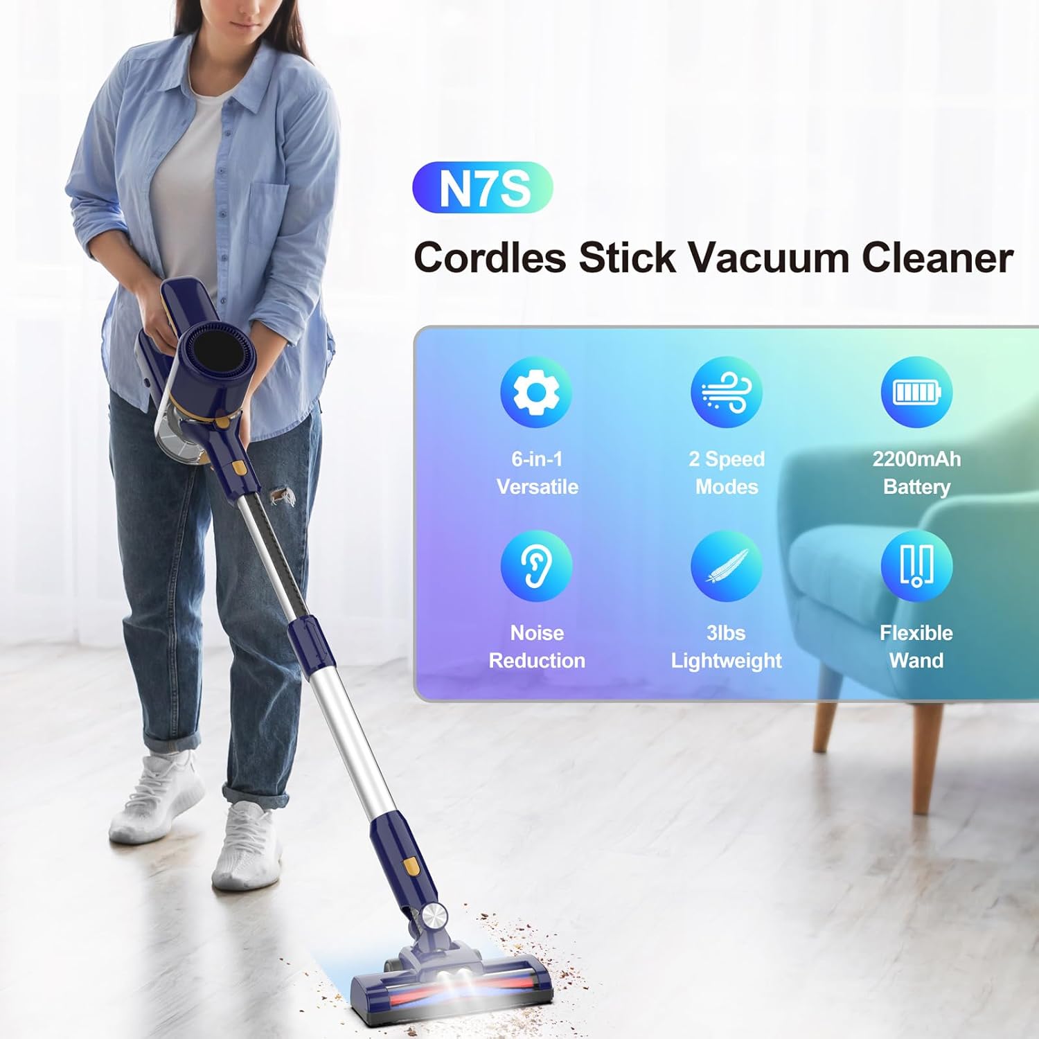 N7S Cordless Vacuum Cleaner, 6-in-1 Lightweight Stick Vacuum with Powerful Suction, 6-Cell 2200mAh Rechargeable Battery, Handheld Vacuum Cleaners for Pet Hair, Carpet, Floor (Indigo)