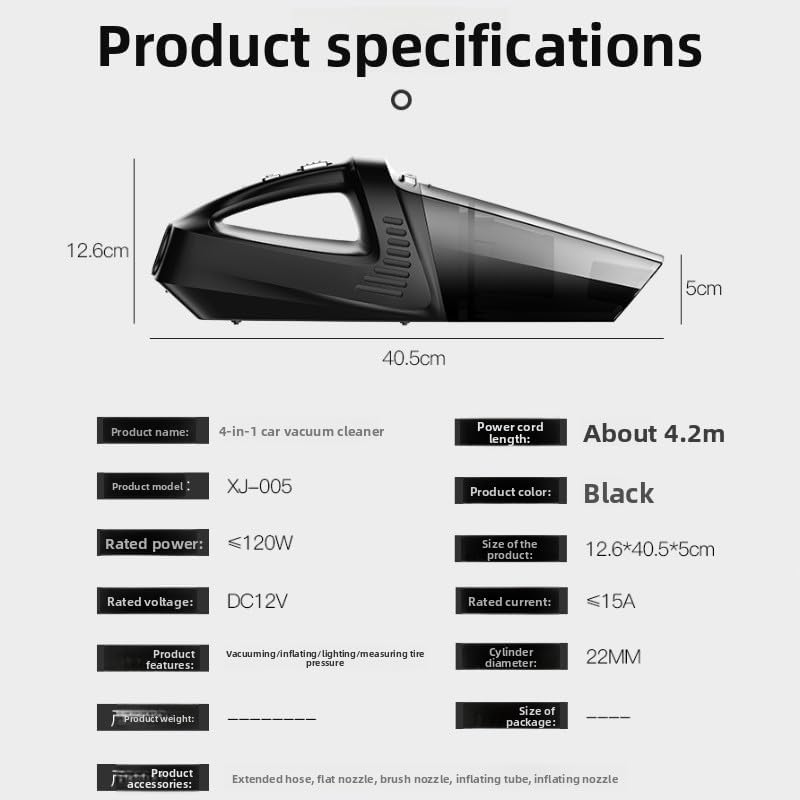 120W High-Power 4-in-1 Car Vacuum Cleaner, Cordless Portable for Car and Home Use with Air Compressor, Tire Pressure Detection & LED Light (4-in-1 Digital Display Wireless Model)