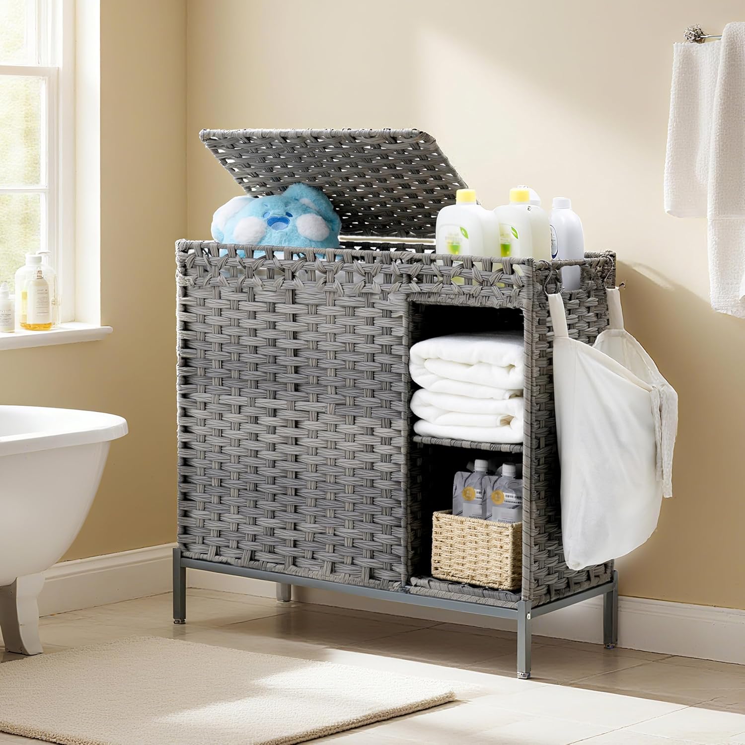 Laundry Hamper with Lid, 110L (29.1 Gal) Rattan Laundry Hamper 2 Section with 50L (13.2 Gal) Storage Shelf, Wicker Woven Laundry Sorter Basket with 3 Liner Bags and Handles, Gray GLH002G