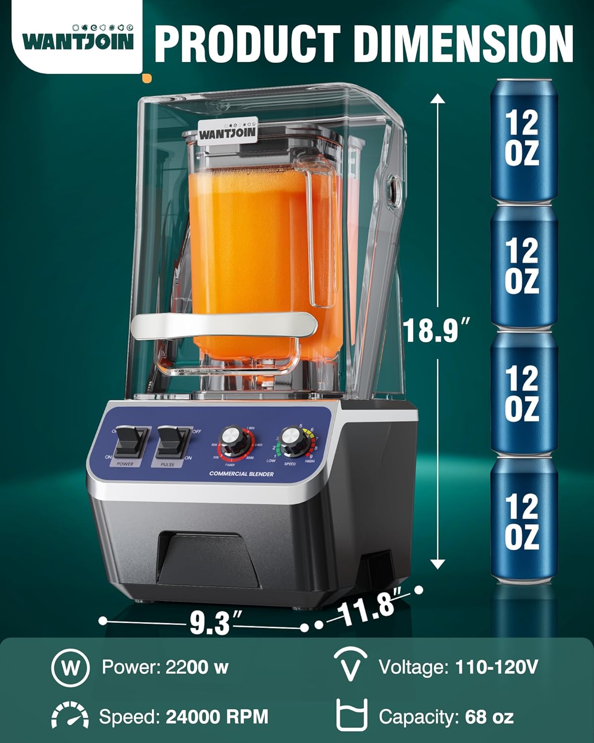 WantJoin Commercial Blender- 68Oz Professional Quiet Smoothie Blender with Shield, High-speed Ice Breaker for Heavy Duty Restaurant,Blenders for Frozen Drinks Shake Juice,Dishwasher Safe 2200W