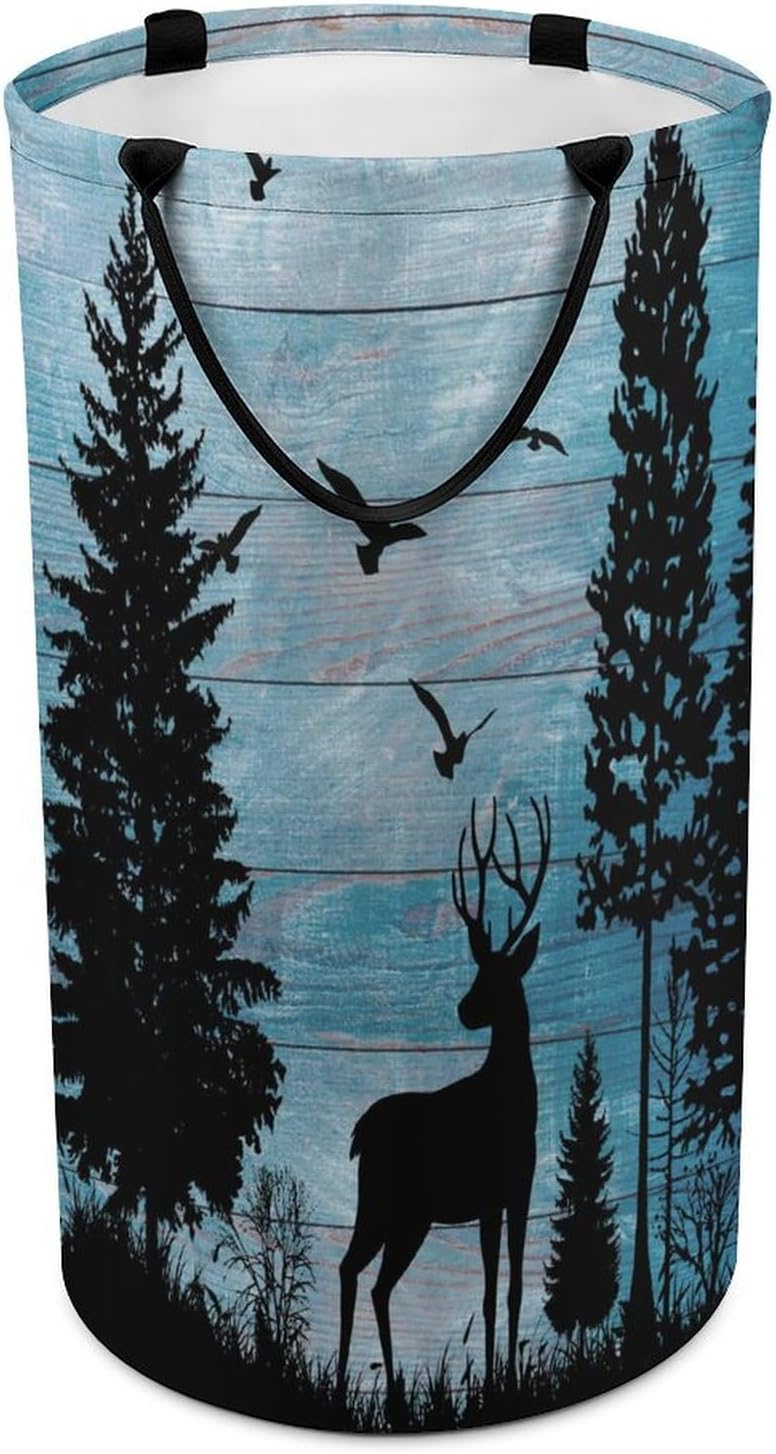Rustic Forest Wood Board Deer Laundry Hamper Dirty Clothes,Abstract Hunting Theme Jungle Wildlife Silhouette Deer Bird Large Laundry Basket Storage Basket For Bathroom 15.7W