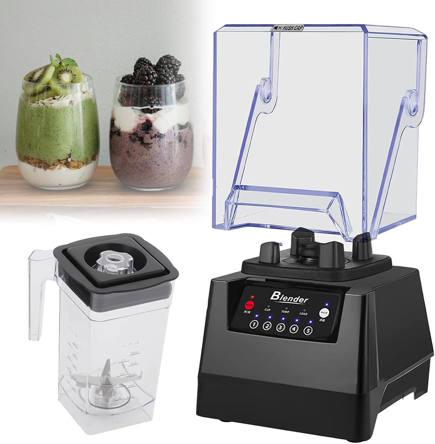 Quiet Commercial Blender With Soundproof Shield, 2200 Watt Professional Blenders For Kitchen With 6-Blade Diamond Turbine Cutter And Self-Cleaning For Juice Bars/Household Smoothie Making